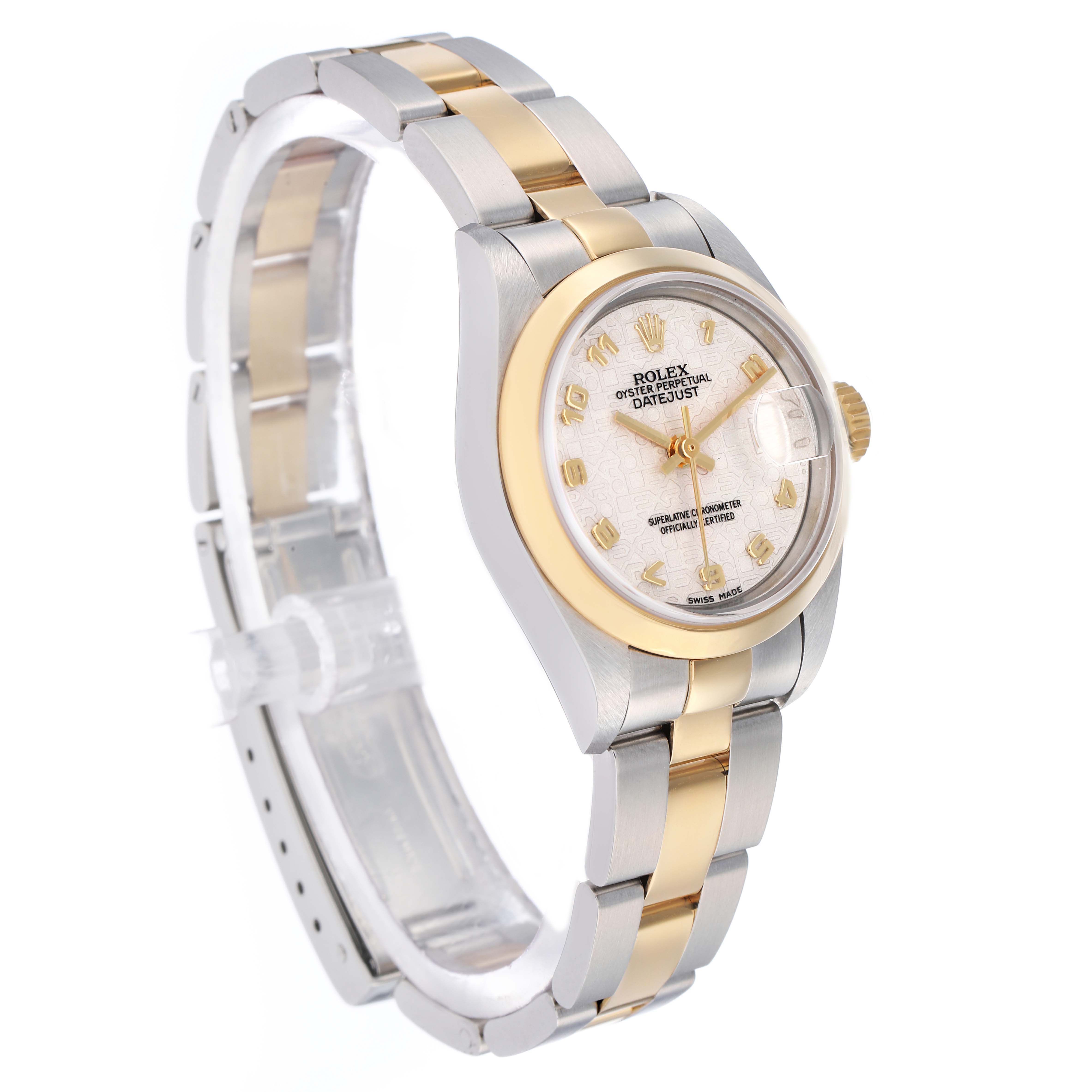 The Rolex Datejust 79163 Women's Steel and Gold (two tone) Beige Dial is shown at a slight angle, displaying the bracelet, bezel, and dial.