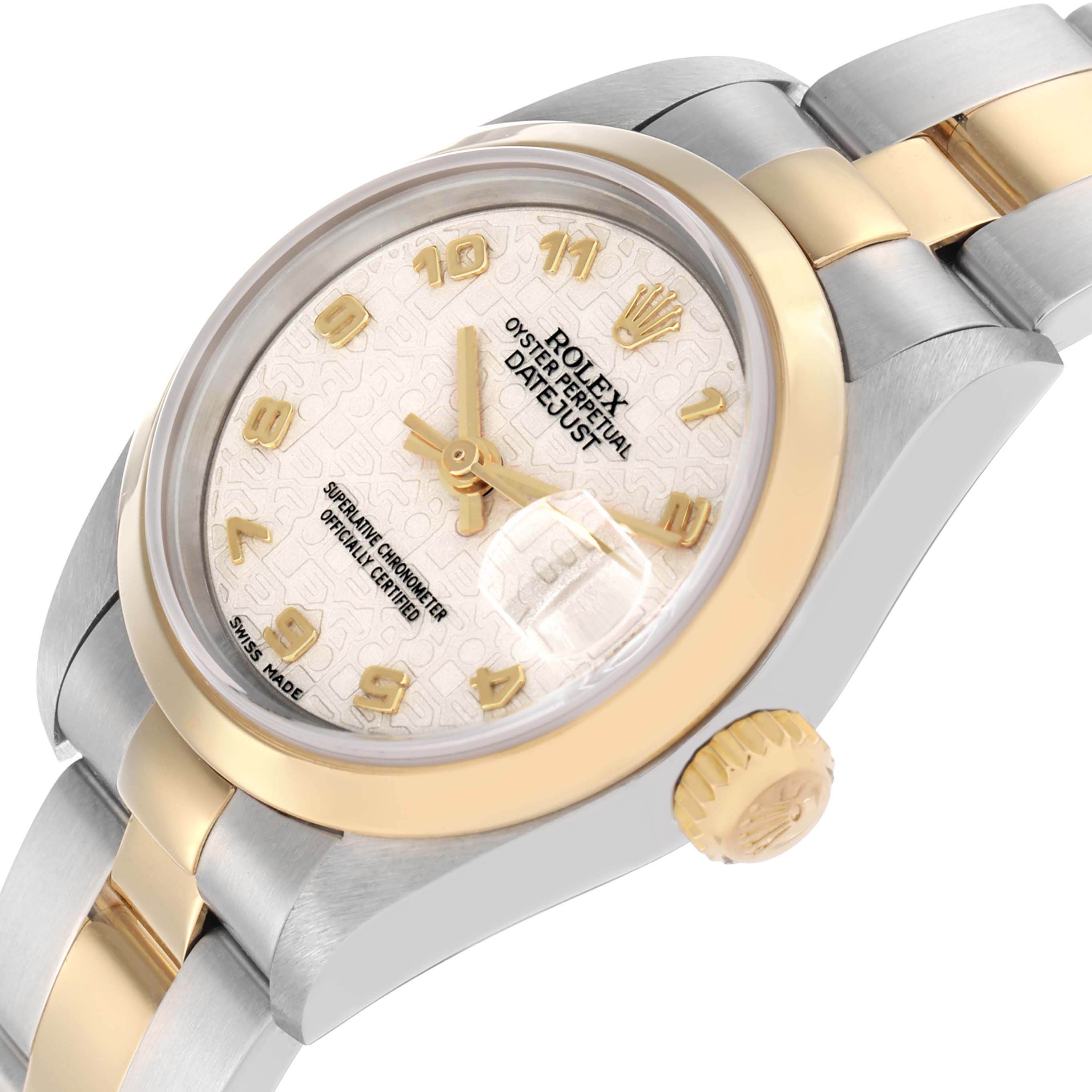 The Rolex Datejust 79163 Women's Steel and Gold (two tone) Beige Dial watch is shown at a slight angle, displaying the face, bezel, crown, and partially the bracelet.