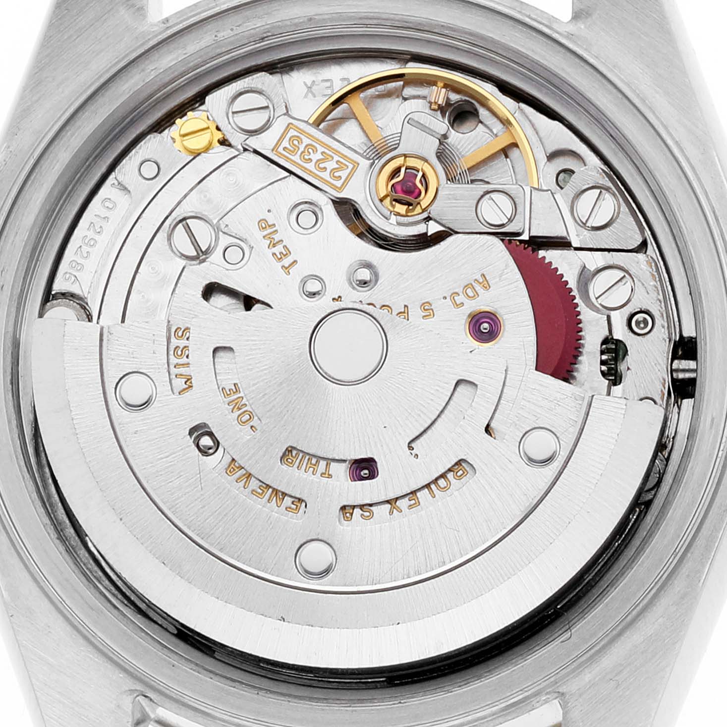 This image shows the inner mechanical movement and components of a Rolex Datejust 79173 Women's Steel and Gold (two tone) Mother of Pearl Dial 79173 Women's Steel and Gold (two tone) Mother of Pearl Dial watch from a back view angle.