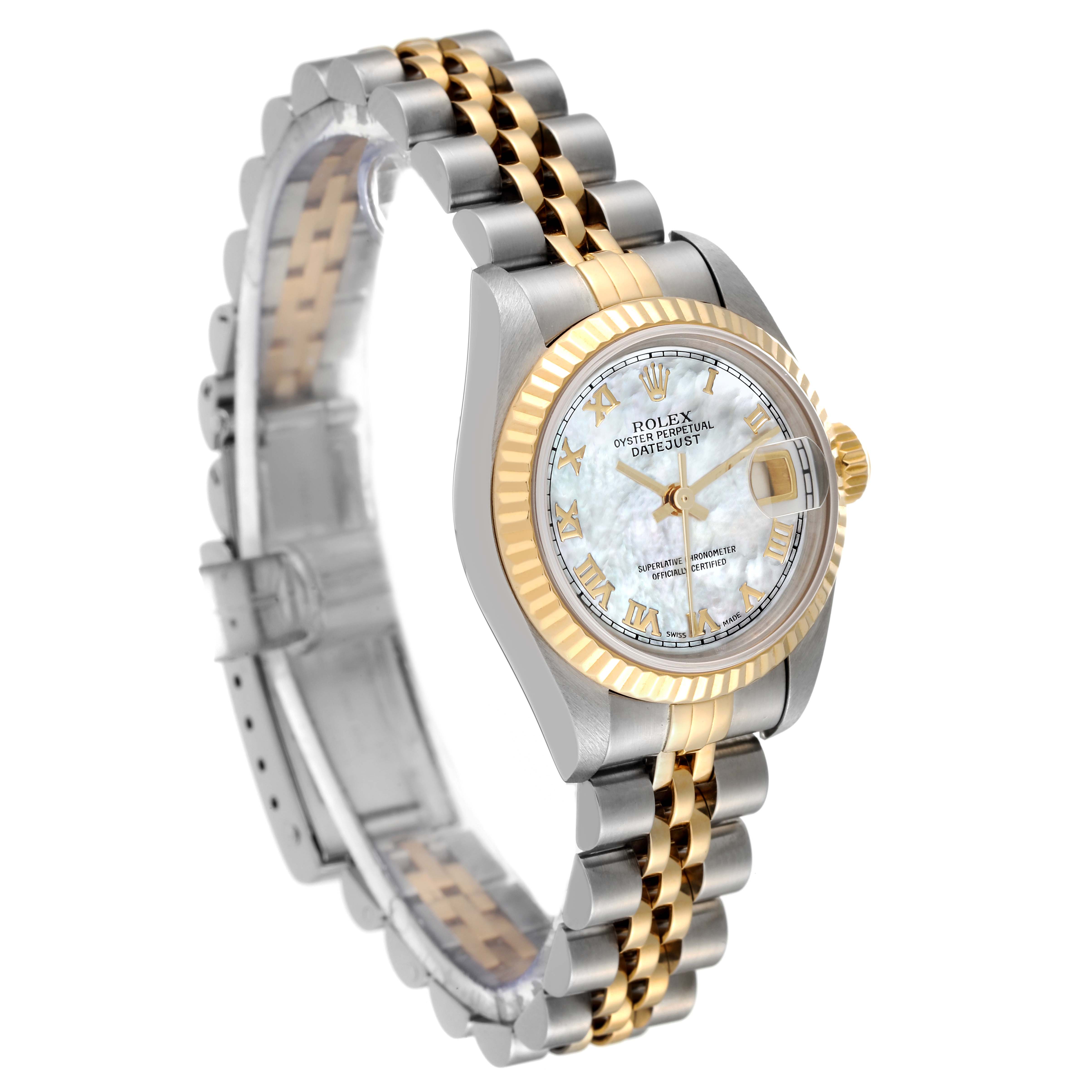 This is a Rolex Datejust 79173 Women's Steel and Gold (two tone) Mother of Pearl Dial 79173 Women's Steel and Gold (two tone) Mother of Pearl Dial watch shown at a side angle displaying the bracelet, case, bezel, dial, and crown.