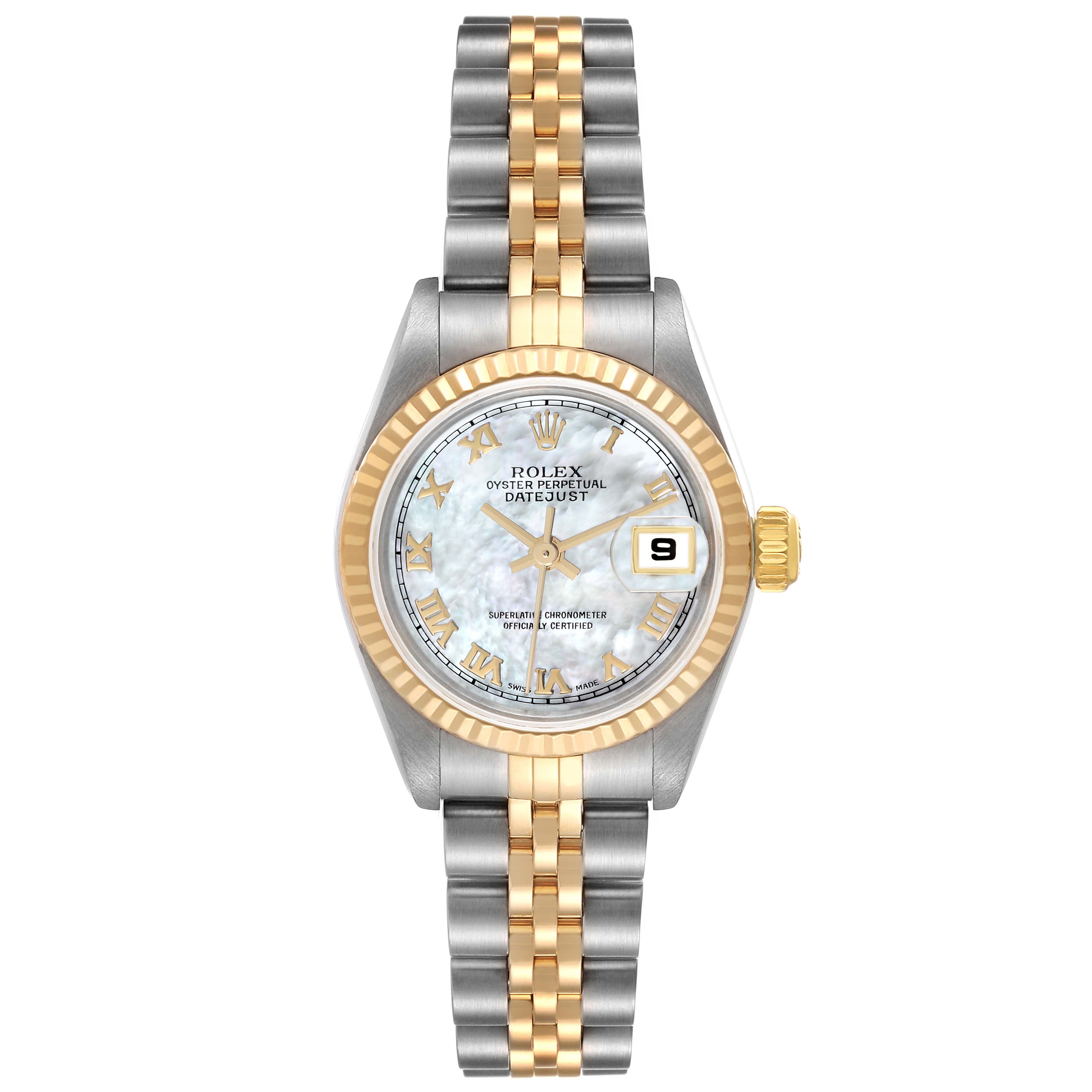 This image shows a front view of a Rolex Datejust 79173 Women's Steel and Gold (two tone) Mother of Pearl Dial 79173 Women's Steel and Gold (two tone) Mother of Pearl Dial watch, highlighting its face, fluted bezel, and two-tone bracelet.