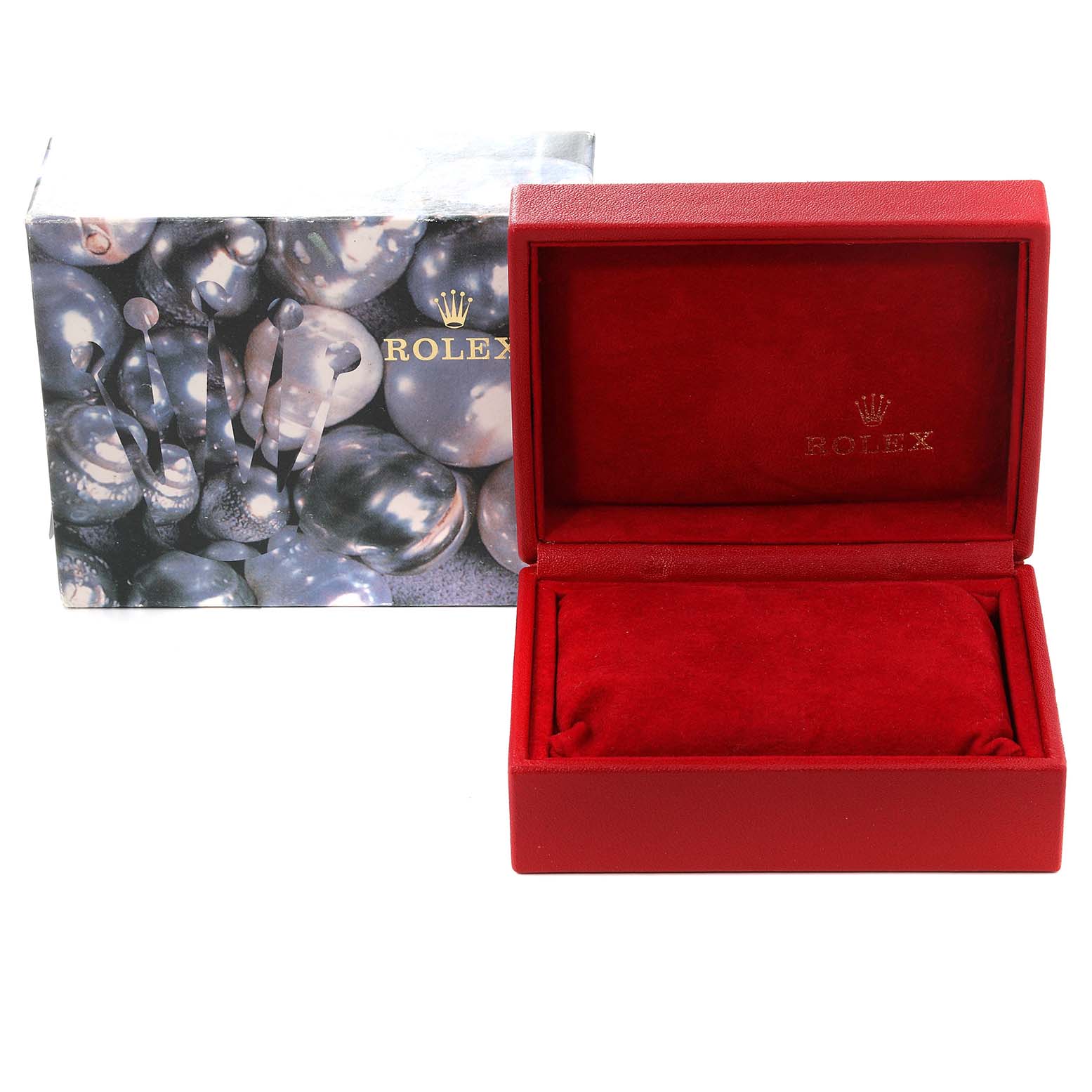 This image shows an empty Rolex Datejust 79173 Women's Steel and Gold (two tone) Mother of Pearl Dial 79173 Women's Steel and Gold (two tone) Mother of Pearl Dial watch box and its decorative outer box at a straight-on angle.