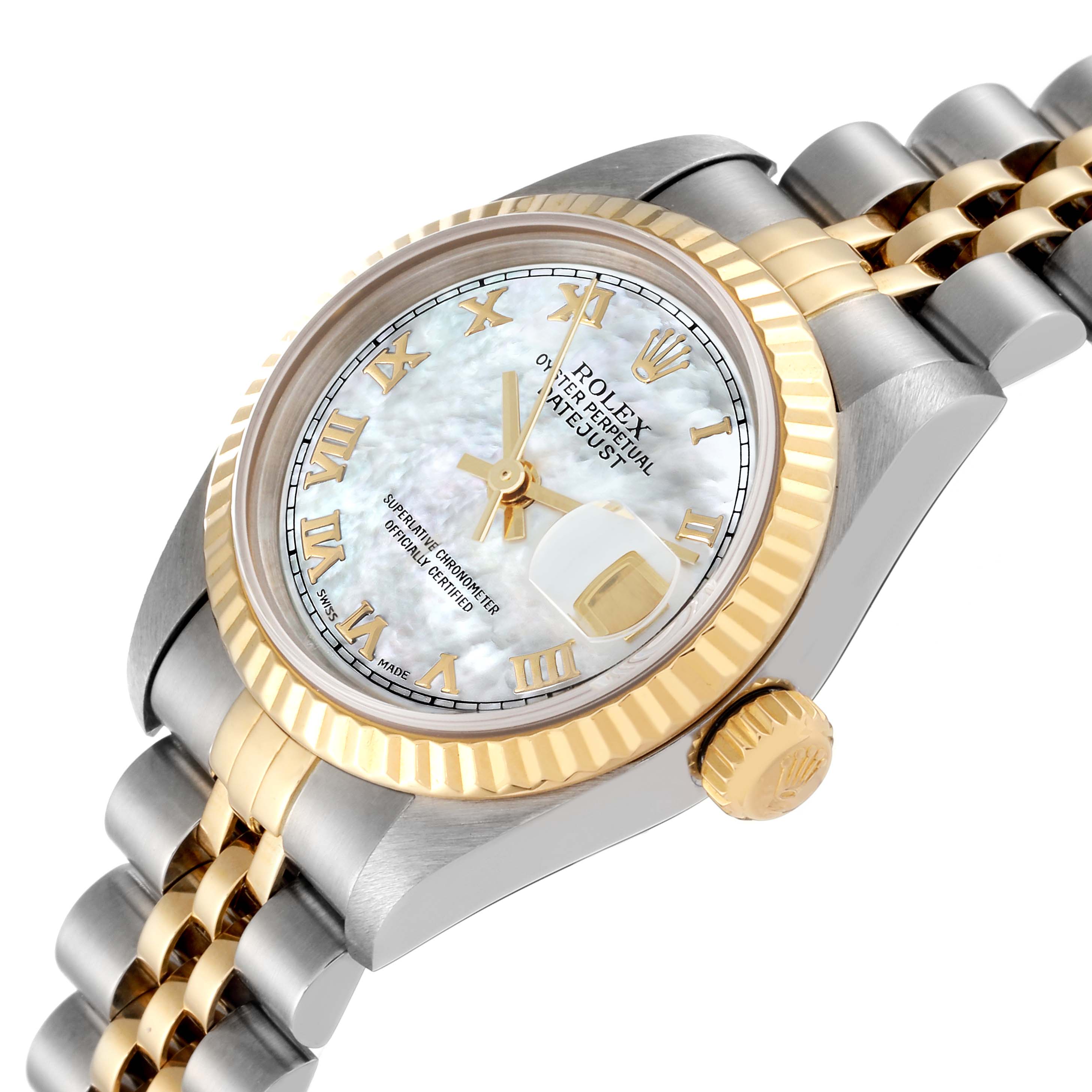 This Rolex Datejust 79173 Women's Steel and Gold (two tone) Mother of Pearl Dial 79173 Women's Steel and Gold (two tone) Mother of Pearl Dial watch is shown from an angled view highlighting the face, bezel, crown, and part of the bracelet.
