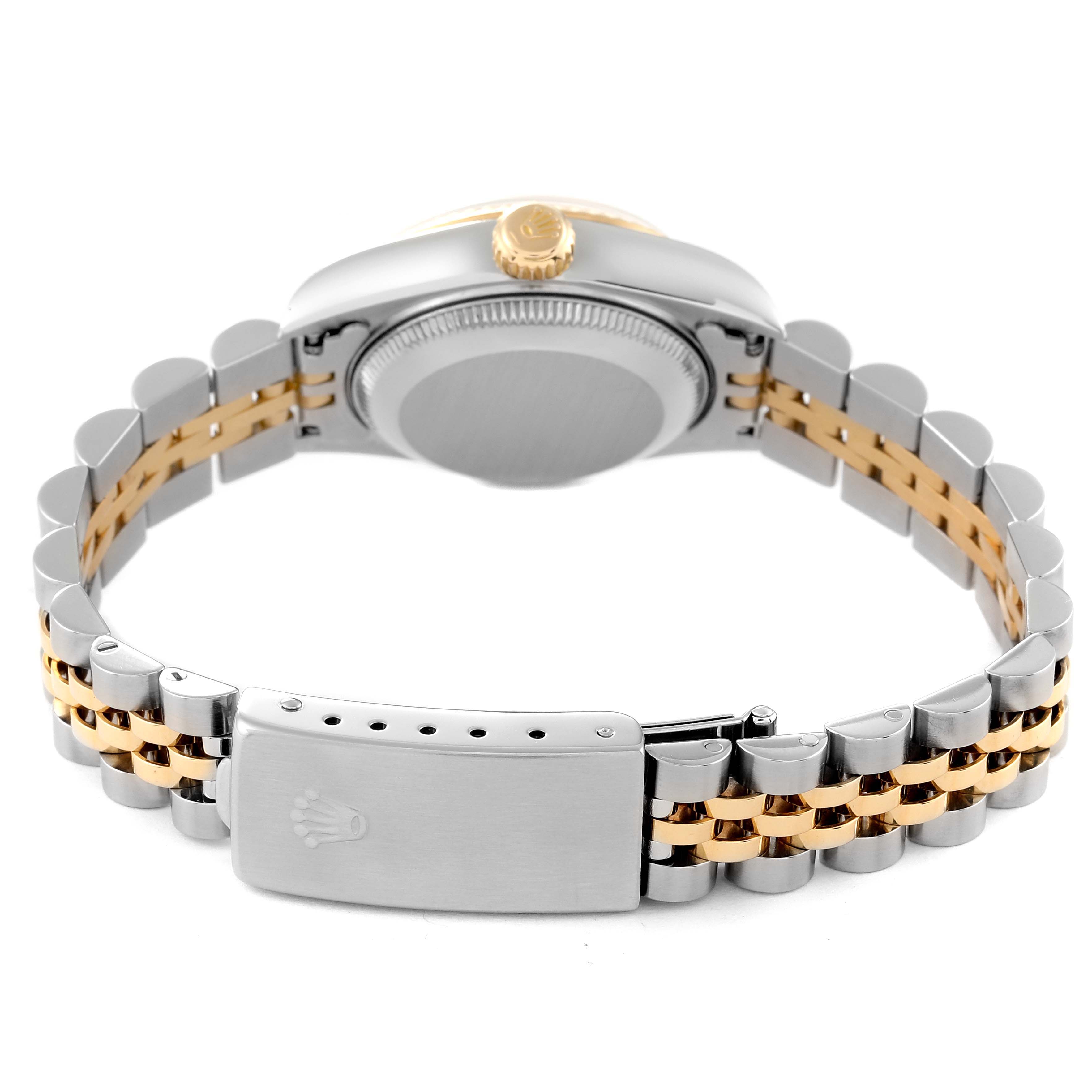 This image shows the back and bracelet of a Rolex Datejust 79173 Women's Steel and Gold (two tone) Mother of Pearl Dial 79173 Women's Steel and Gold (two tone) Mother of Pearl Dial watch, highlighting its two-tone metal design with case and clasp details.