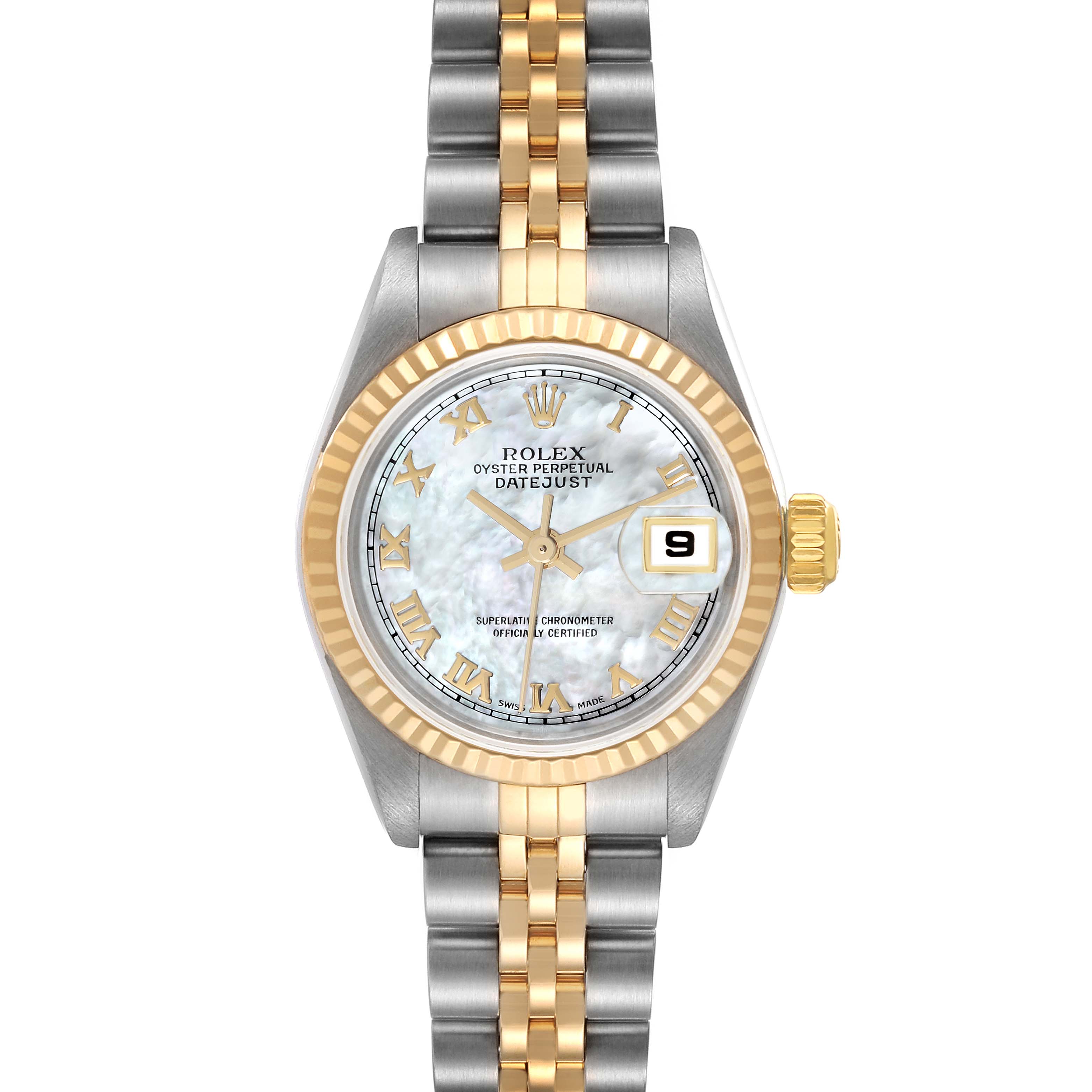 The Rolex Datejust 79173 Women's Steel and Gold (two tone) Mother of Pearl Dial 79173 Women's Steel and Gold (two tone) Mother of Pearl Dial watch is shown from the front, displaying its face, bezel, crown, and bracelet.