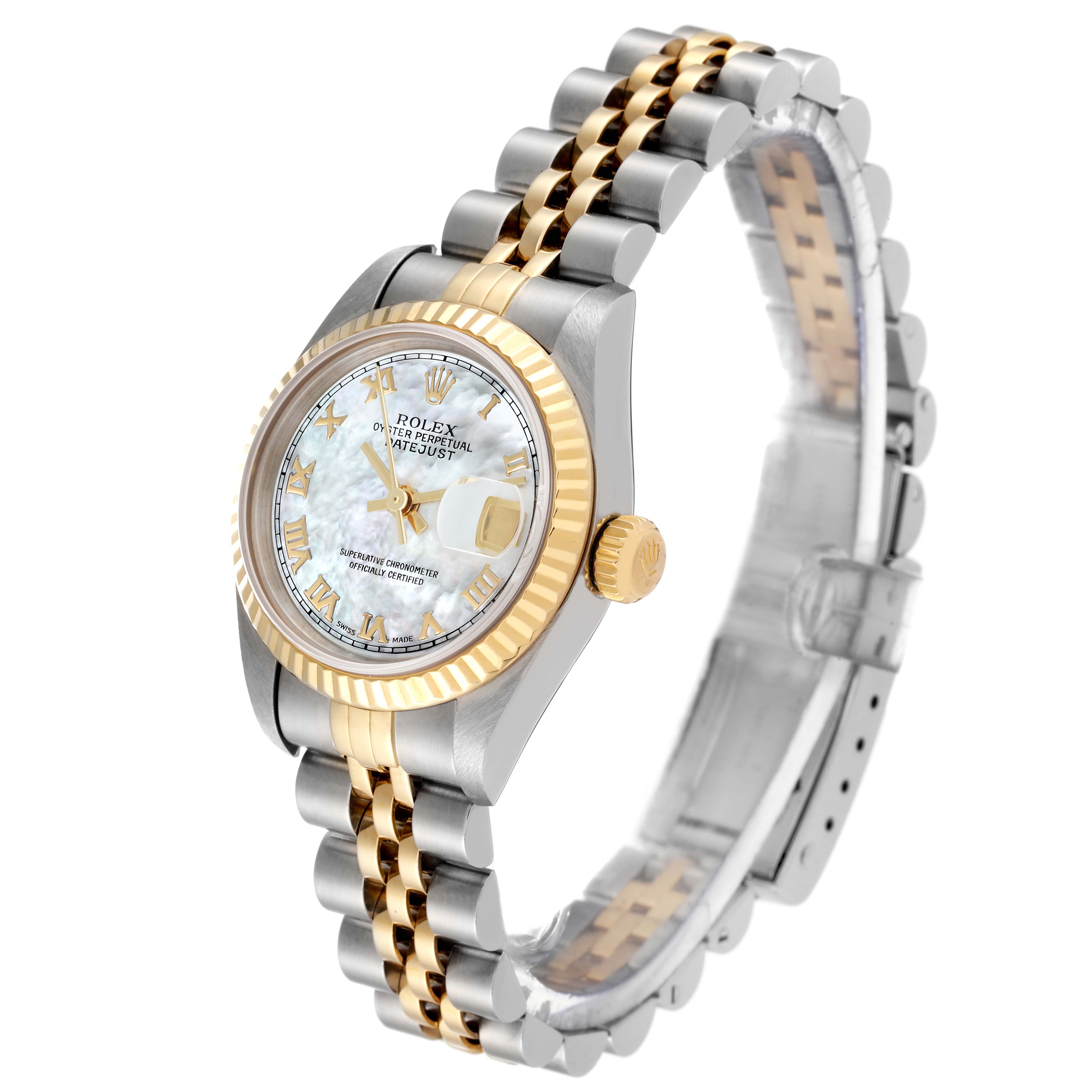 This image shows a Rolex Datejust 79173 Women's Steel and Gold (two tone) Mother of Pearl Dial 79173 Women's Steel and Gold (two tone) Mother of Pearl Dial watch at an angled side view, highlighting its bracelet, bezel, crown, and dial.