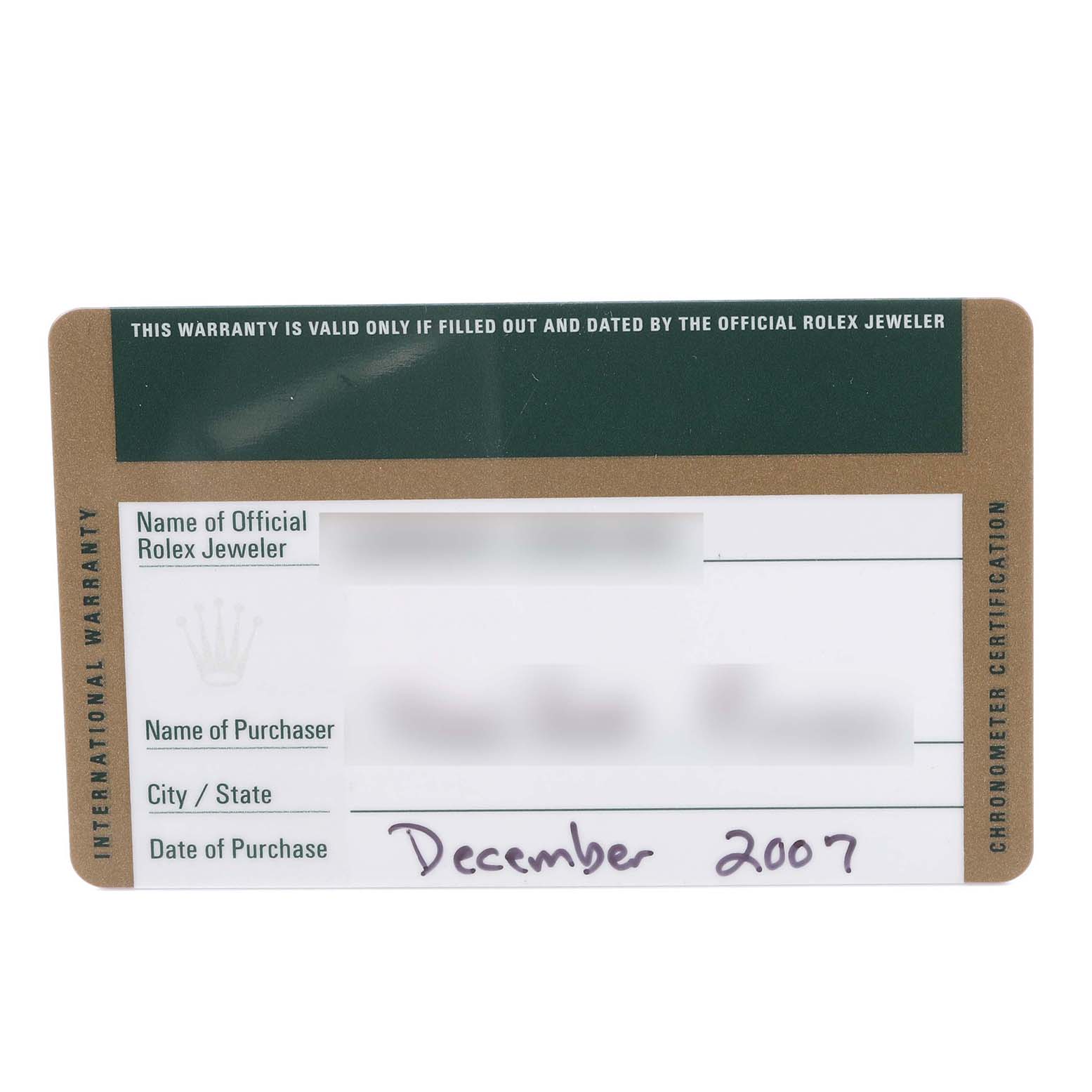 The image shows a warranty card for a Rolex Datejust 179173 Women's Steel and Gold (two tone) Beige Dial 179173 Women's Steel and Gold (two tone) Beige Dial.