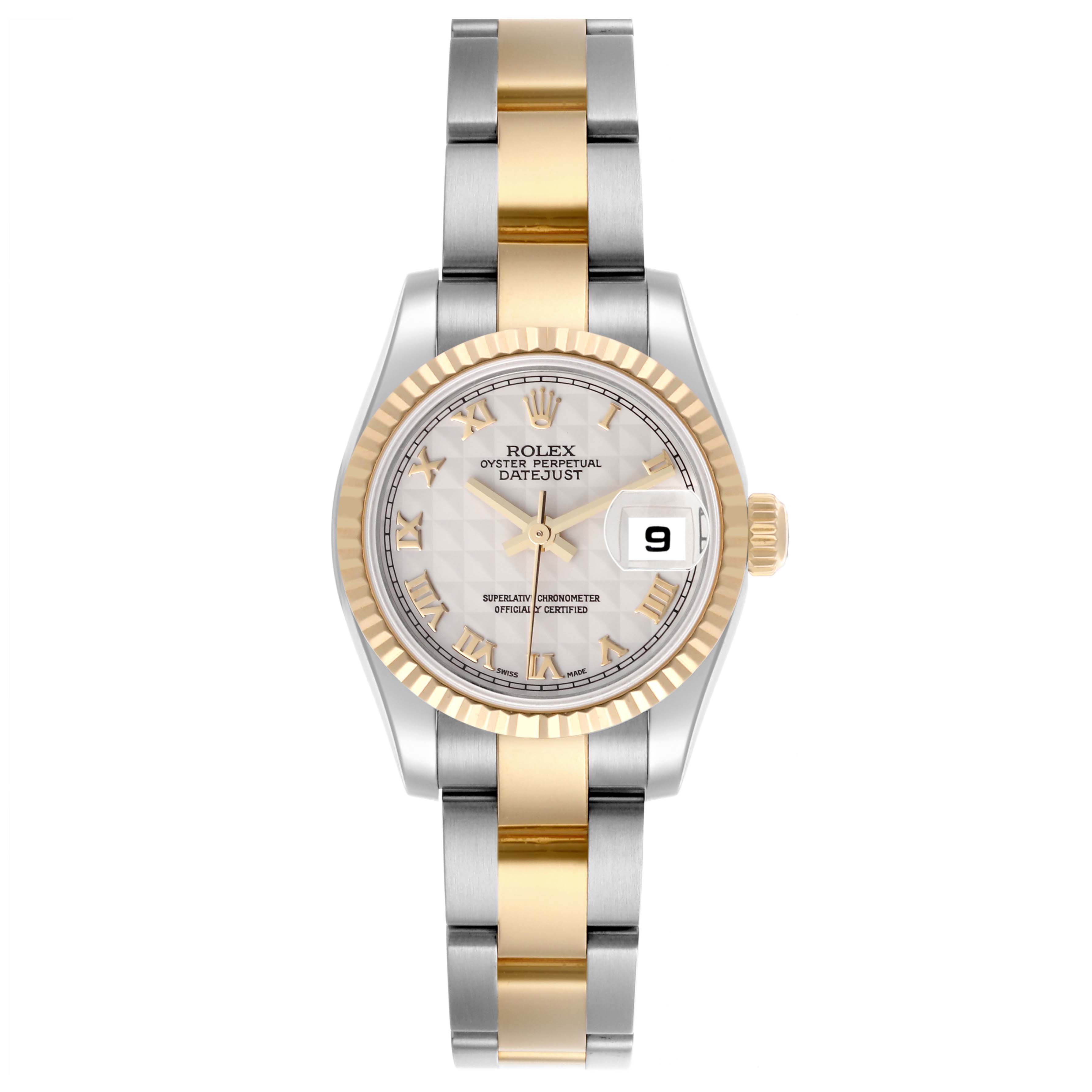 The Rolex Datejust 179173 Women's Steel and Gold (two tone) Beige Dial 179173 Women's Steel and Gold (two tone) Beige Dial watch is shown from a front angle, displaying the face, bezel, crown, and two-tone bracelet.