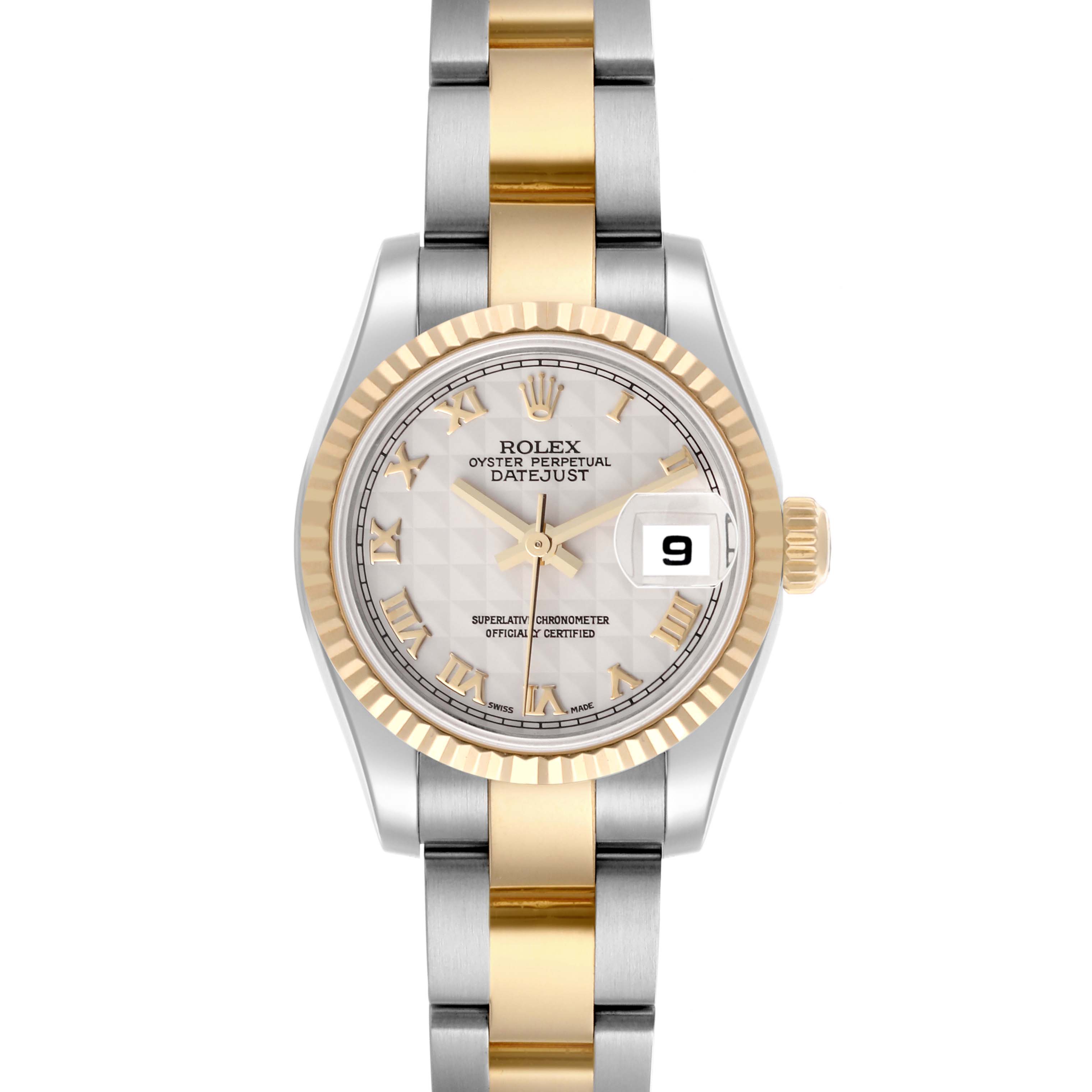 The Rolex Datejust 179173 Women's Steel and Gold (two tone) Beige Dial 179173 Women's Steel and Gold (two tone) Beige Dial watch is shown from the front, displaying the dial, bezel, crown, and two-tone bracelet.