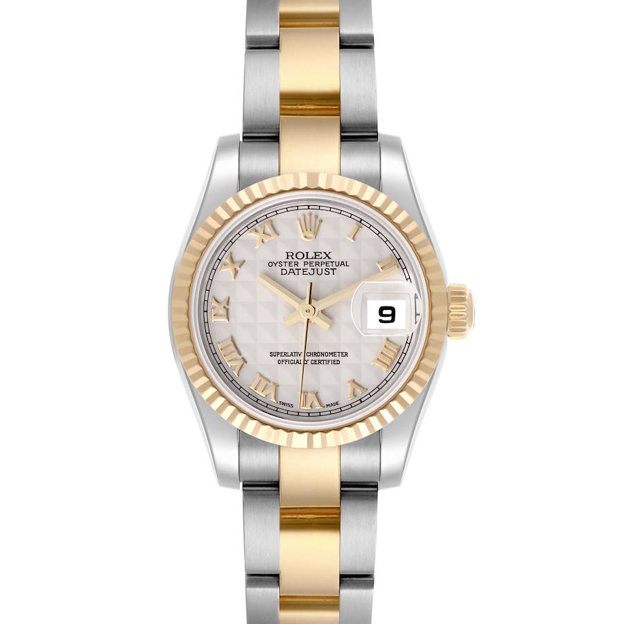 The Rolex Datejust watch is shown from the front, displaying the dial, bezel, crown, and two-tone bracelet.