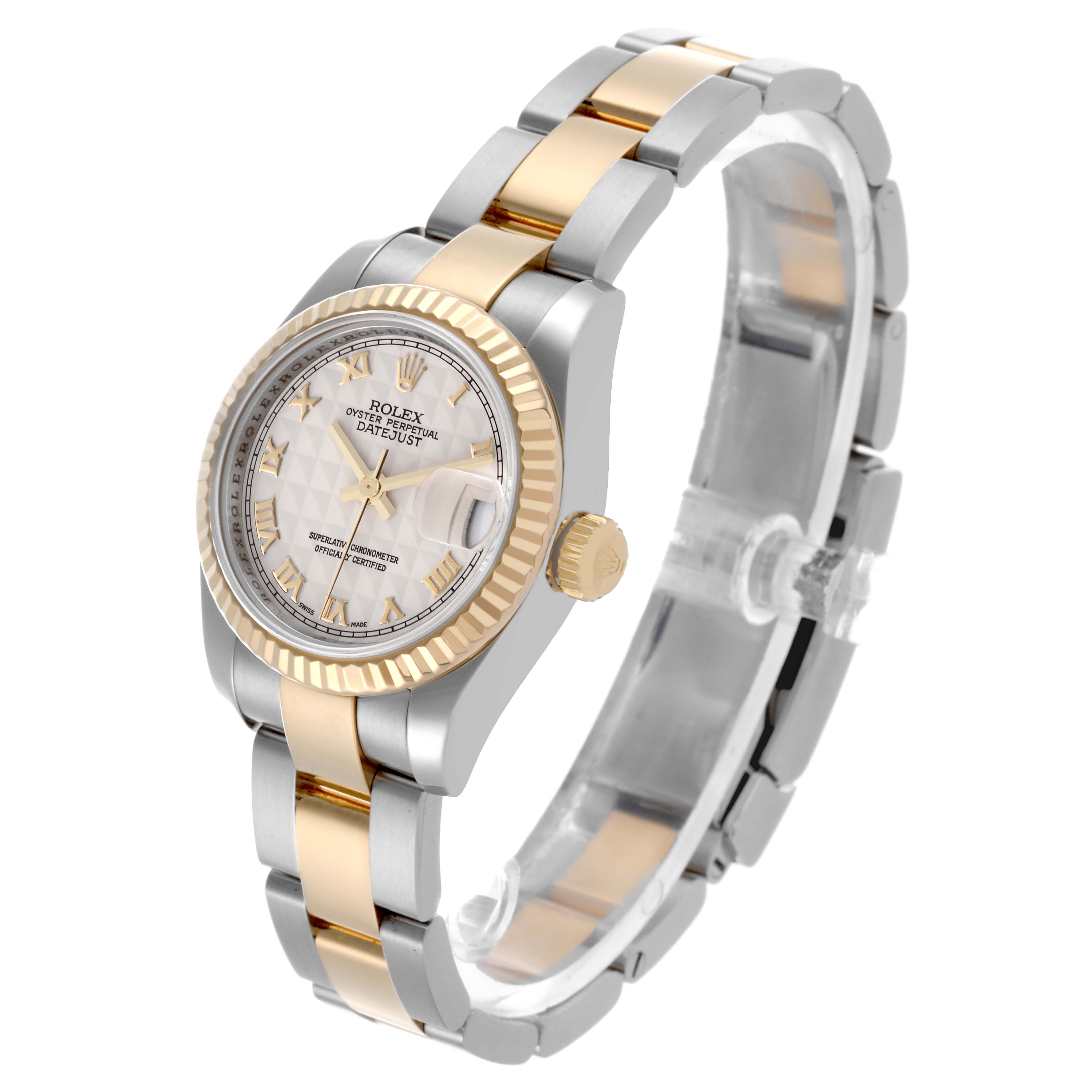 The Rolex Datejust 179173 Women's Steel and Gold (two tone) Beige Dial 179173 Women's Steel and Gold (two tone) Beige Dial watch is shown from a side angle, highlighting the dial, bezel, and two-tone bracelet.