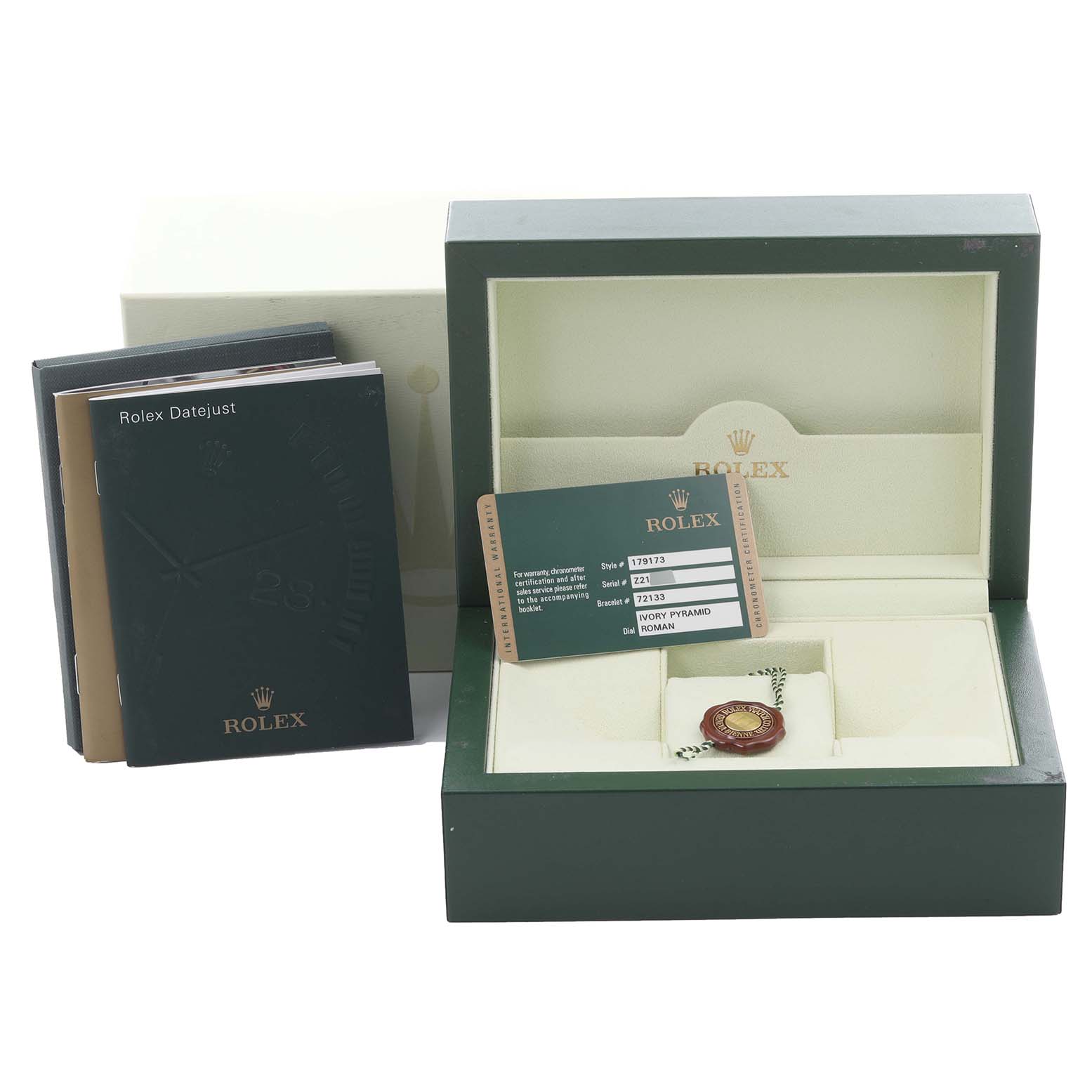 The image shows a Rolex Datejust 179173 Women's Steel and Gold (two tone) Beige Dial 179173 Women's Steel and Gold (two tone) Beige Dial watch box, warranty card, and booklets from an overhead angle.