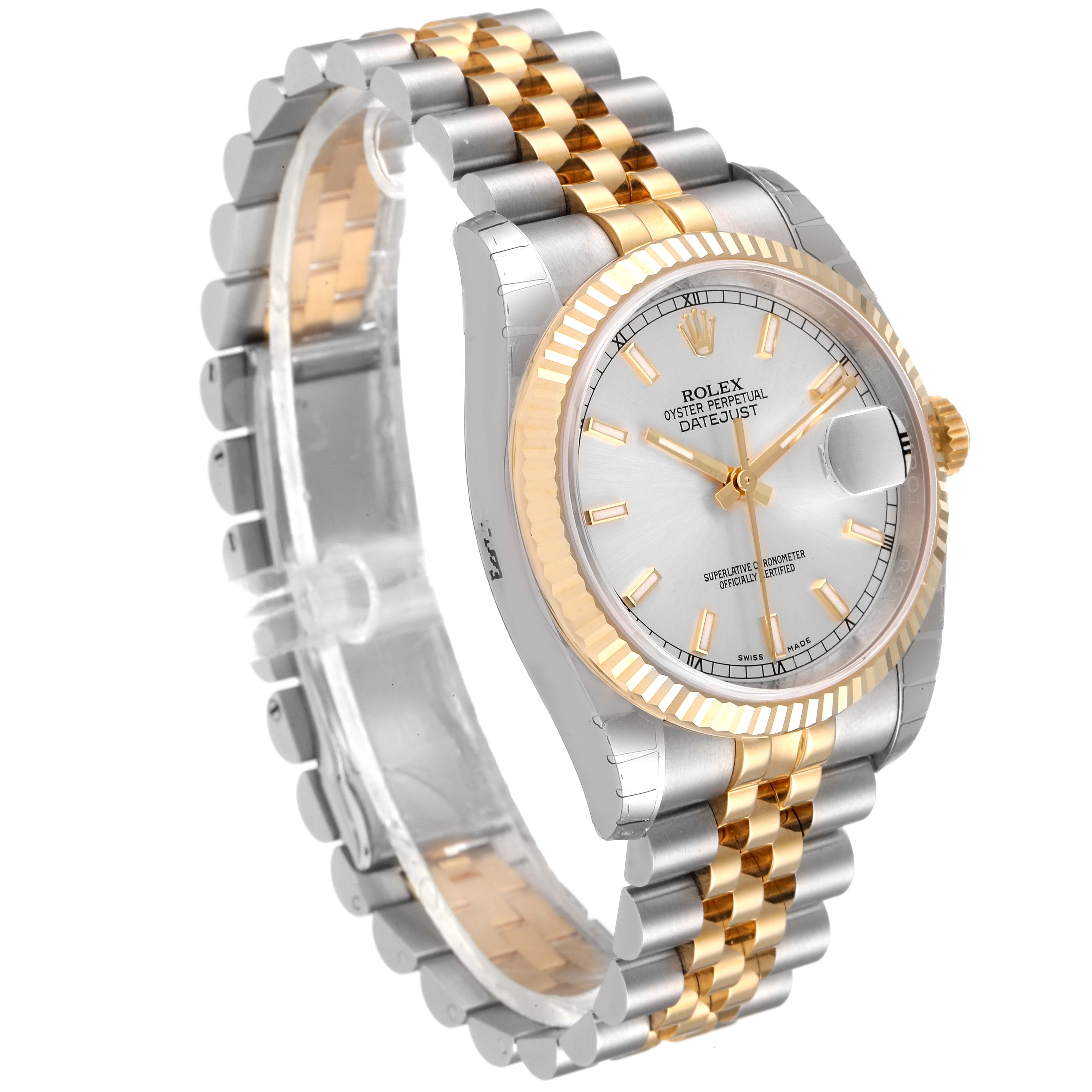 This Rolex Datejust 116233 Men's Steel and Gold (two tone) Silver Dial 116233 Men's Steel and Gold (two tone) Silver Dial model is shown at an angle highlighting the dial, bezel, and two-tone bracelet.