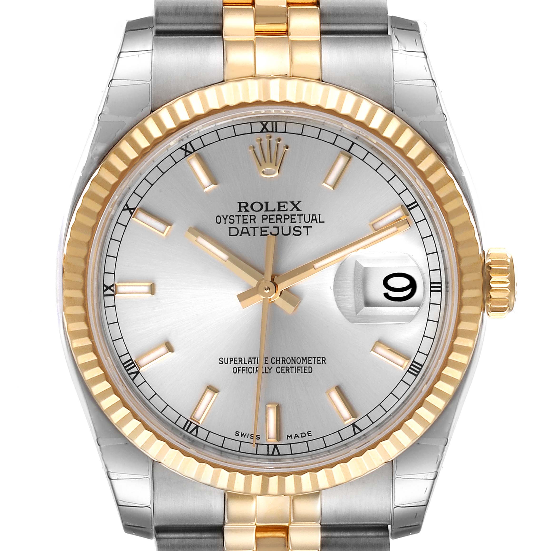 The image shows a front view of the Rolex Datejust 116233 Men's Steel and Gold (two tone) Silver Dial 116233 Men's Steel and Gold (two tone) Silver Dial watch, highlighting its face, dial, bezel, and two-tone bracelet.