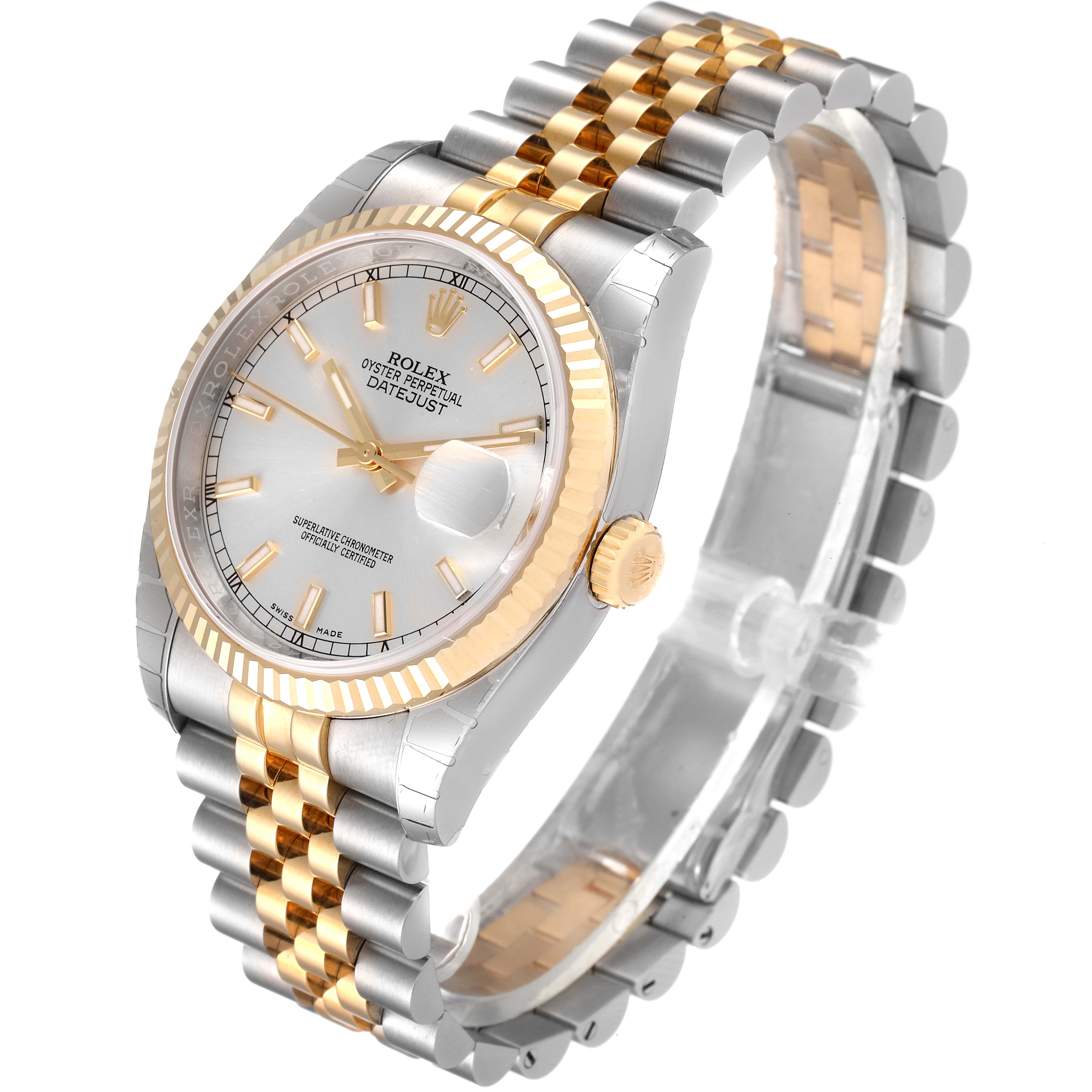 The Rolex Datejust 116233 Men's Steel and Gold (two tone) Silver Dial 116233 Men's Steel and Gold (two tone) Silver Dial watch is shown at an oblique angle, displaying its face, fluted bezel, crown, and two-tone Jubilee bracelet.