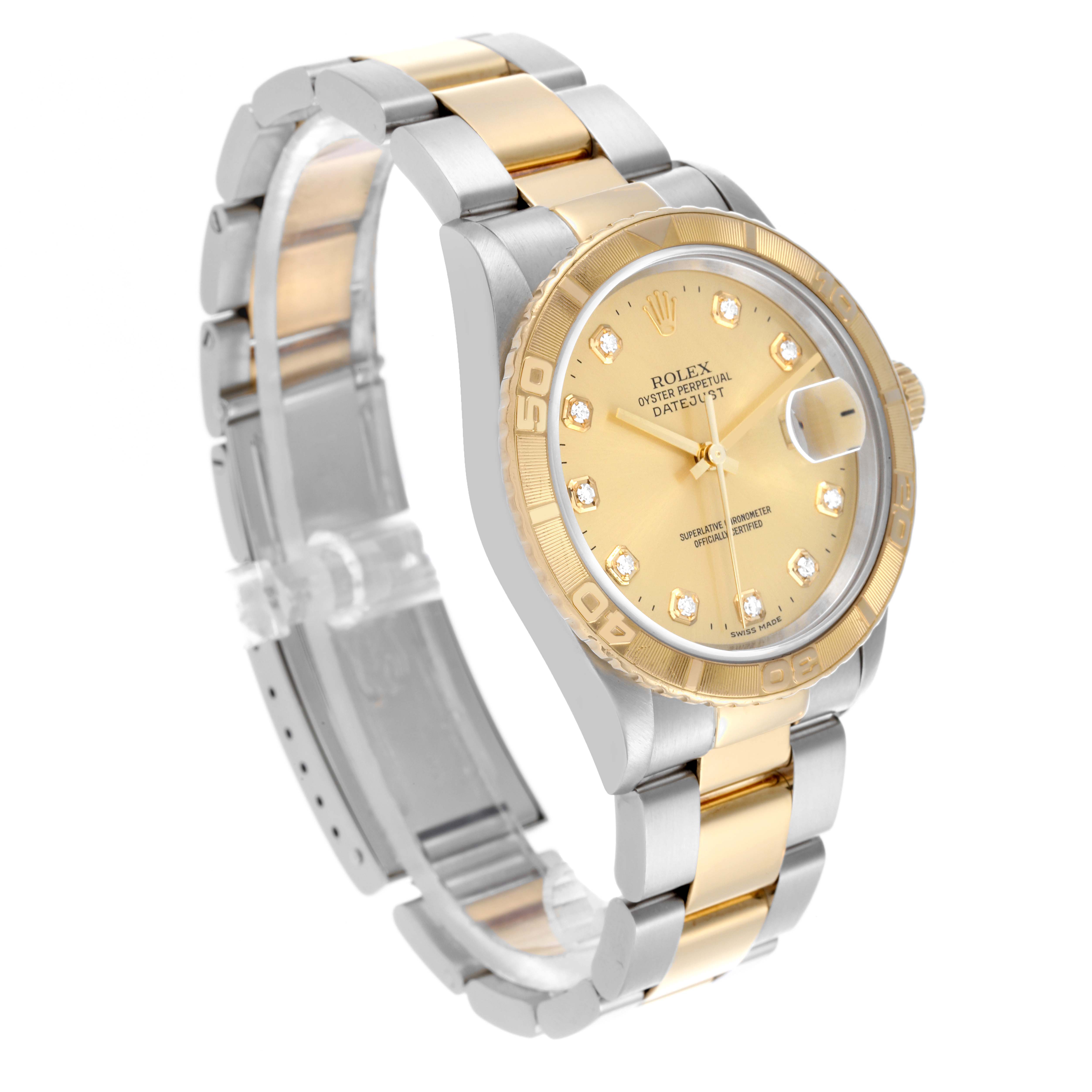 The Rolex Turn-o-Graph 16263 Men's Steel and Gold (two tone) Champagne Dial 16263 Men's Steel and Gold (two tone) Champagne Dial watch is shown from a top-left angle, highlighting its gold bezel, dial, and two-tone bracelet.