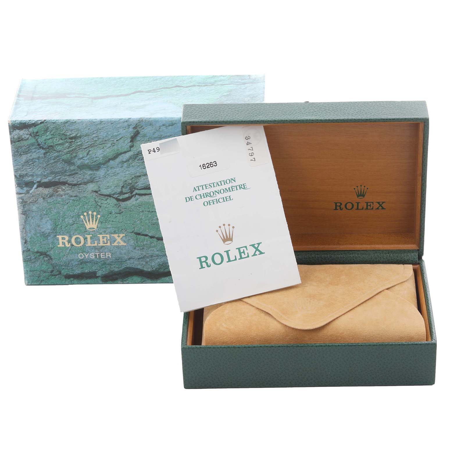 This image shows the packaging and certificate for the Rolex Turn-o-Graph 16263 Men's Steel and Gold (two tone) Champagne Dial 16263 Men's Steel and Gold (two tone) Champagne Dial, with a closed watch pouch inside the box.