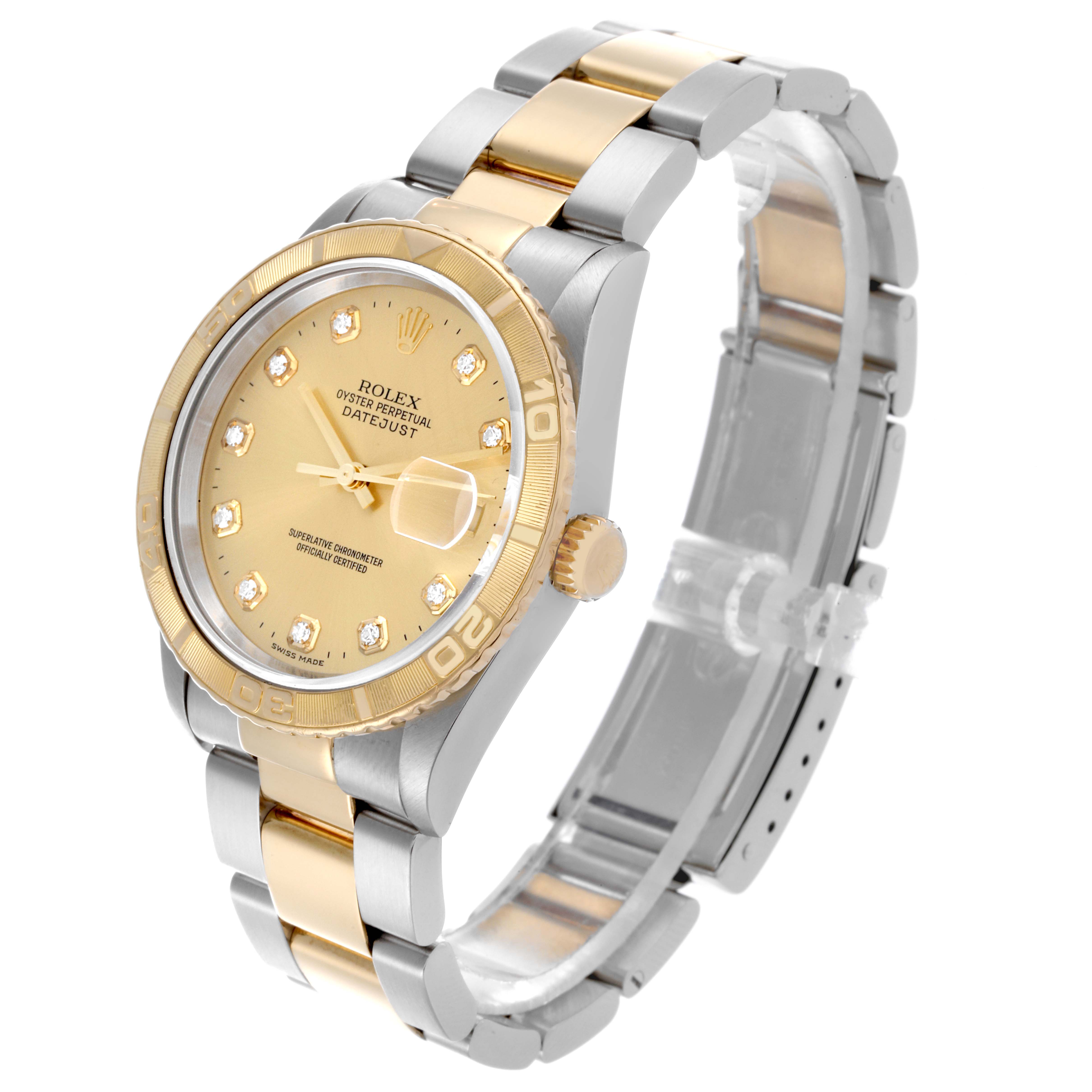 The Rolex Turn-o-Graph 16263 Men's Steel and Gold (two tone) Champagne Dial 16263 Men's Steel and Gold (two tone) Champagne Dial watch is shown at a three-quarter angle displaying the bezel, bracelet, and crown.