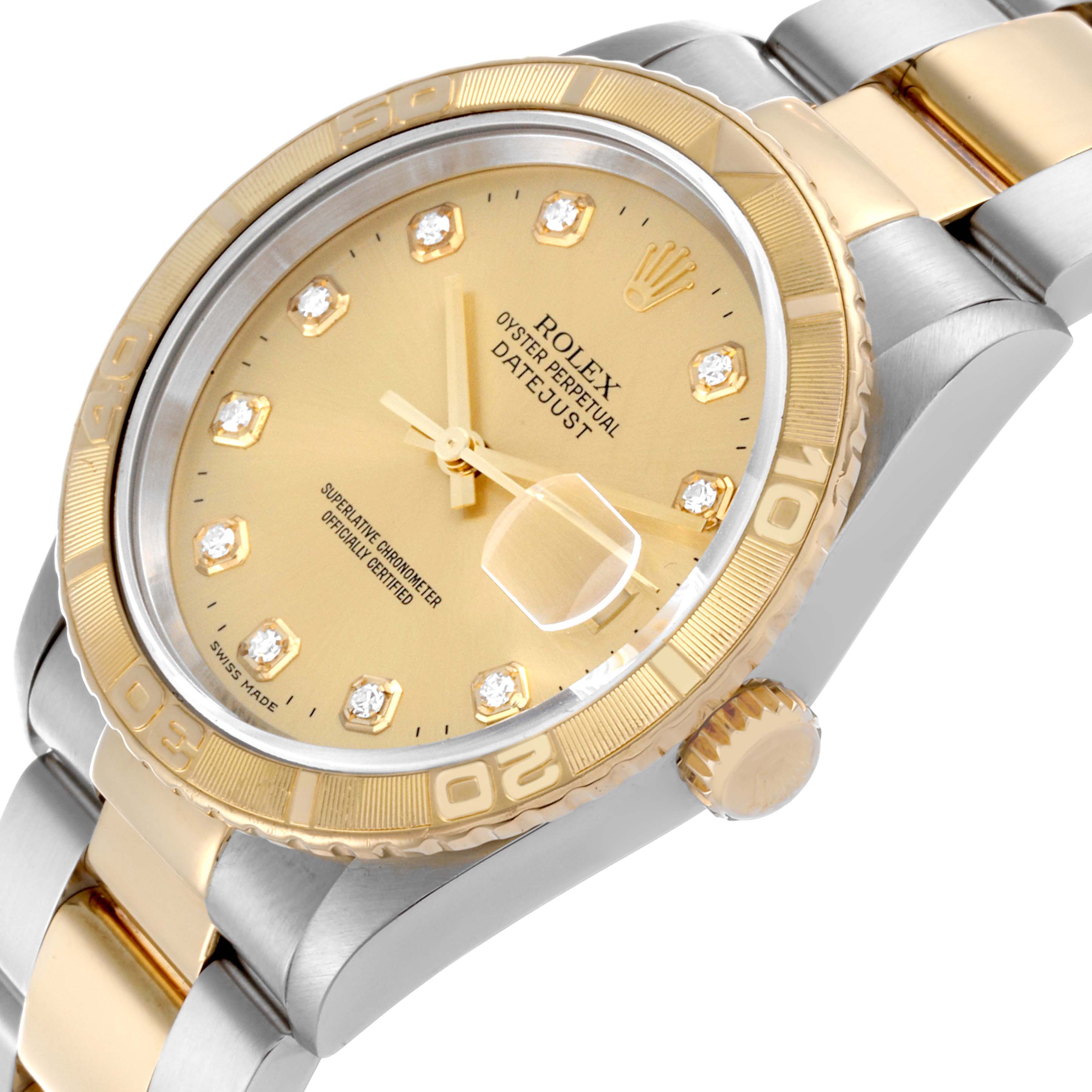 The Rolex Turn-o-Graph 16263 Men's Steel and Gold (two tone) Champagne Dial 16263 Men's Steel and Gold (two tone) Champagne Dial is shown at an angled view, highlighting the gold dial, bezel, crown, and two-tone bracelet.
