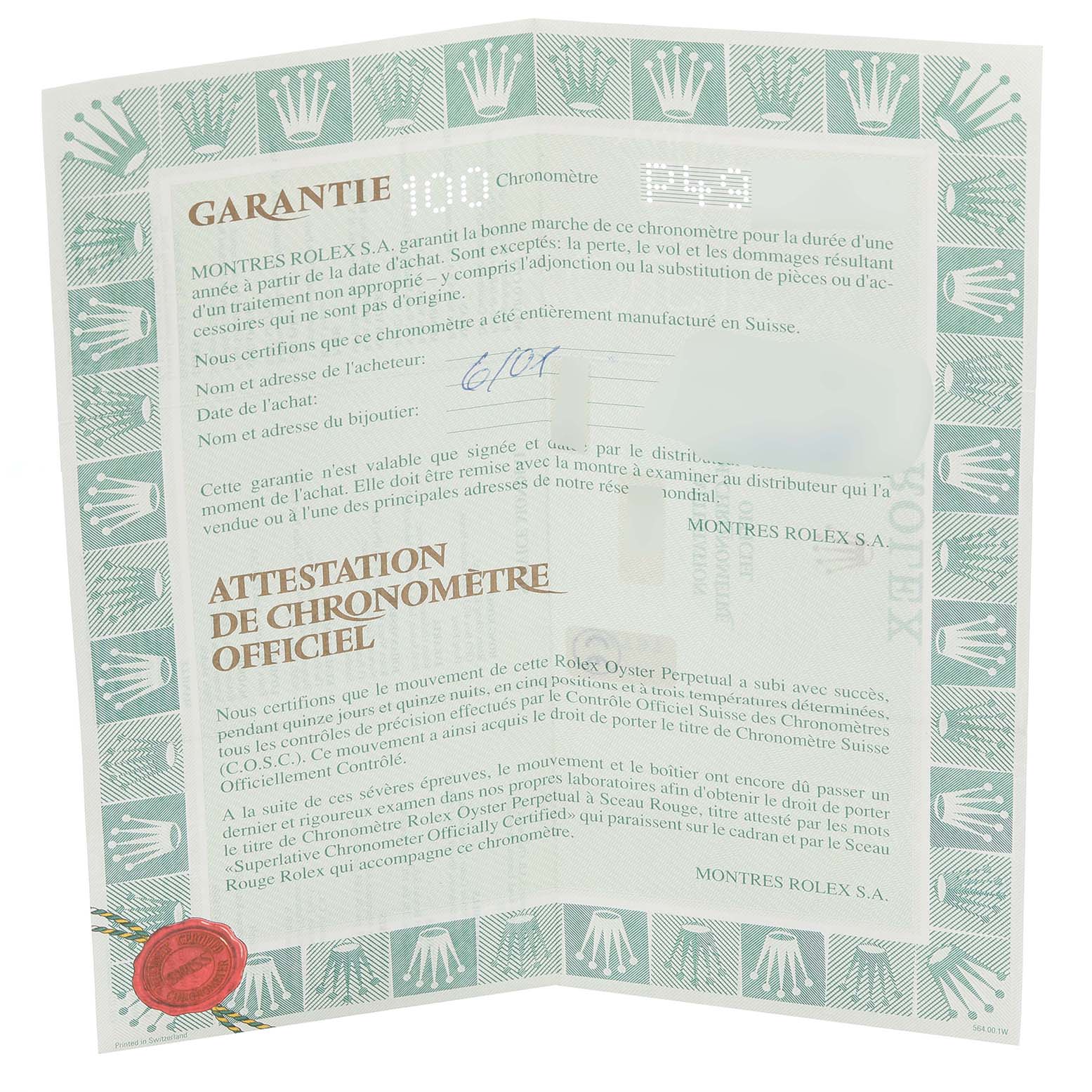 The image shows a warranty certificate for the Rolex Turn-o-Graph 16263 Men's Steel and Gold (two tone) Champagne Dial 16263 Men's Steel and Gold (two tone) Champagne Dial watch, featuring text and logos.