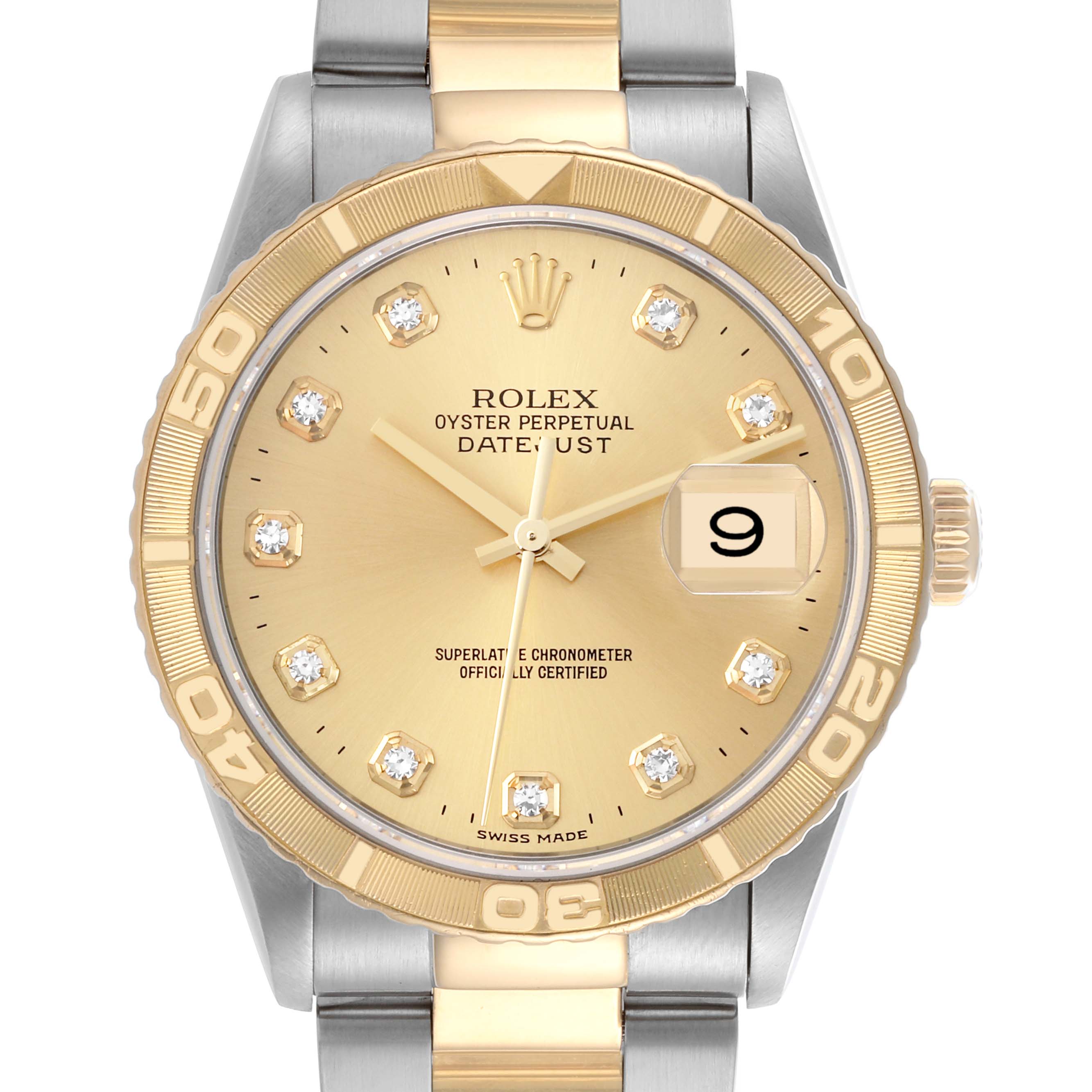 The Rolex Turn-o-Graph 16263 Men's Steel and Gold (two tone) Champagne Dial 16263 Men's Steel and Gold (two tone) Champagne Dial watch is shown from a front angle, highlighting the dial, bezel, and bracelet.