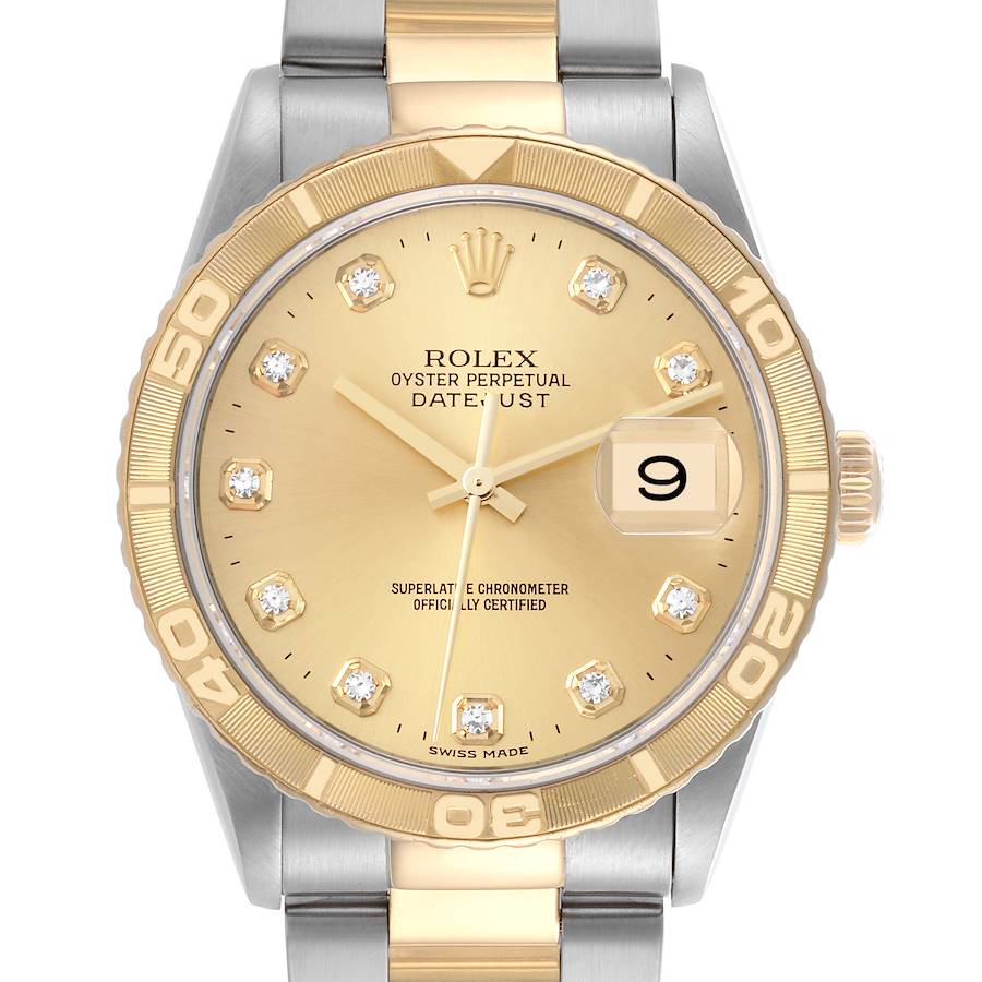 The Rolex Turn-o-Graph watch is shown from a front angle, highlighting the dial, bezel, and bracelet.