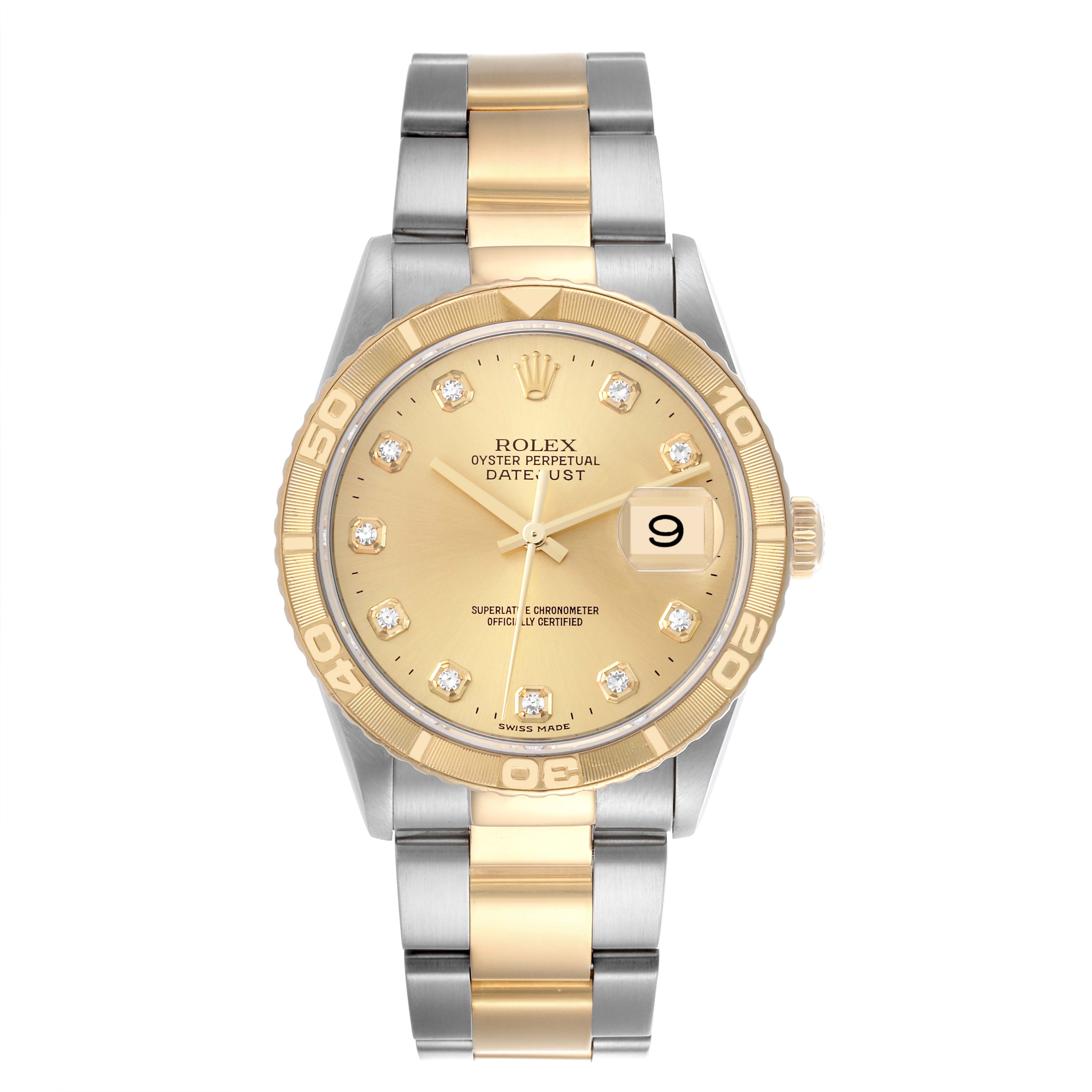 The Rolex Turn-o-Graph 16263 Men's Steel and Gold (two tone) Champagne Dial 16263 Men's Steel and Gold (two tone) Champagne Dial watch is shown from a front angle, highlighting the dial, bezel, and two-tone bracelet.