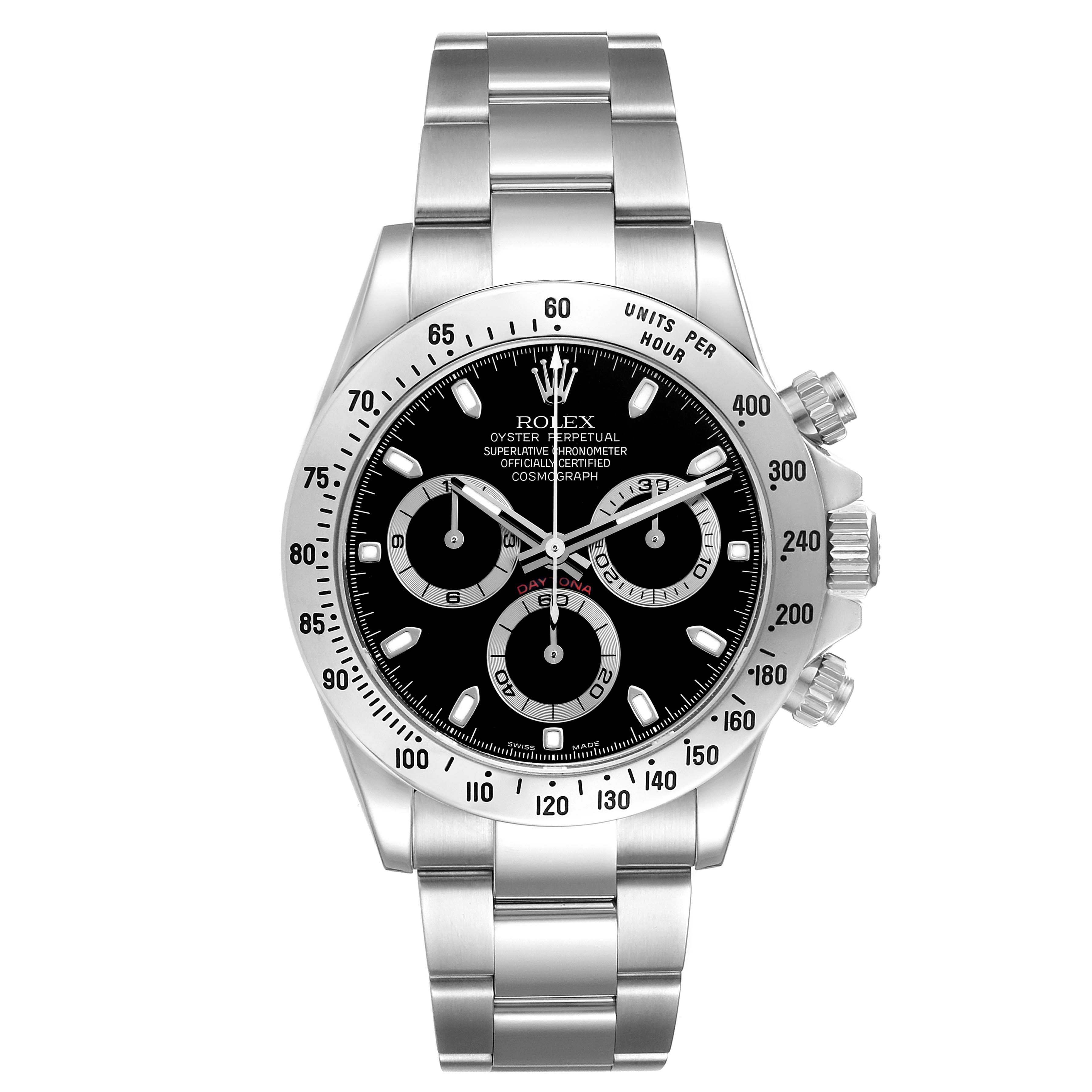 The Rolex Daytona 116520 Men
s Stainless Steel Black Dial 116520 Men
s Stainless Steel Black Dial watch is shown from the front, displaying the face, bezel, and bracelet with detailed markings and subdials.