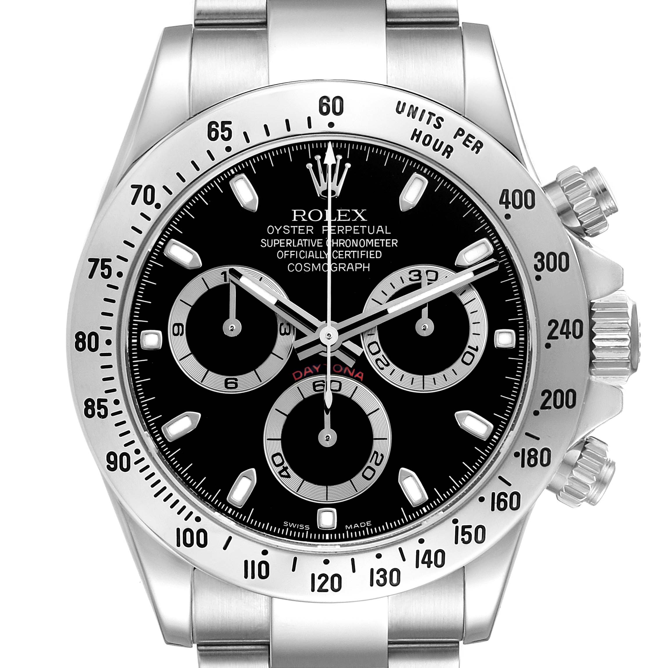The Rolex Daytona 116520 Men
s Stainless Steel Black Dial 116520 Men
s Stainless Steel Black Dial watch is shown from a front angle, highlighting the dial, bezel, and chronograph sub-dials.