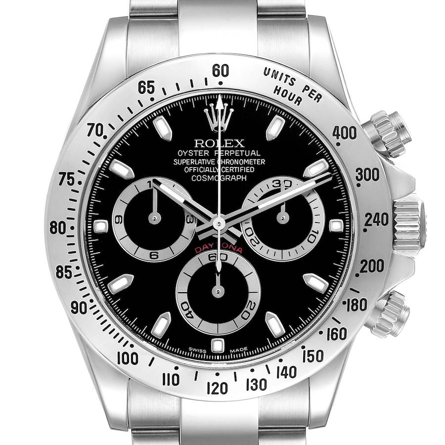 The Rolex Daytona watch is shown from a front angle, highlighting the dial, bezel, and chronograph sub-dials.