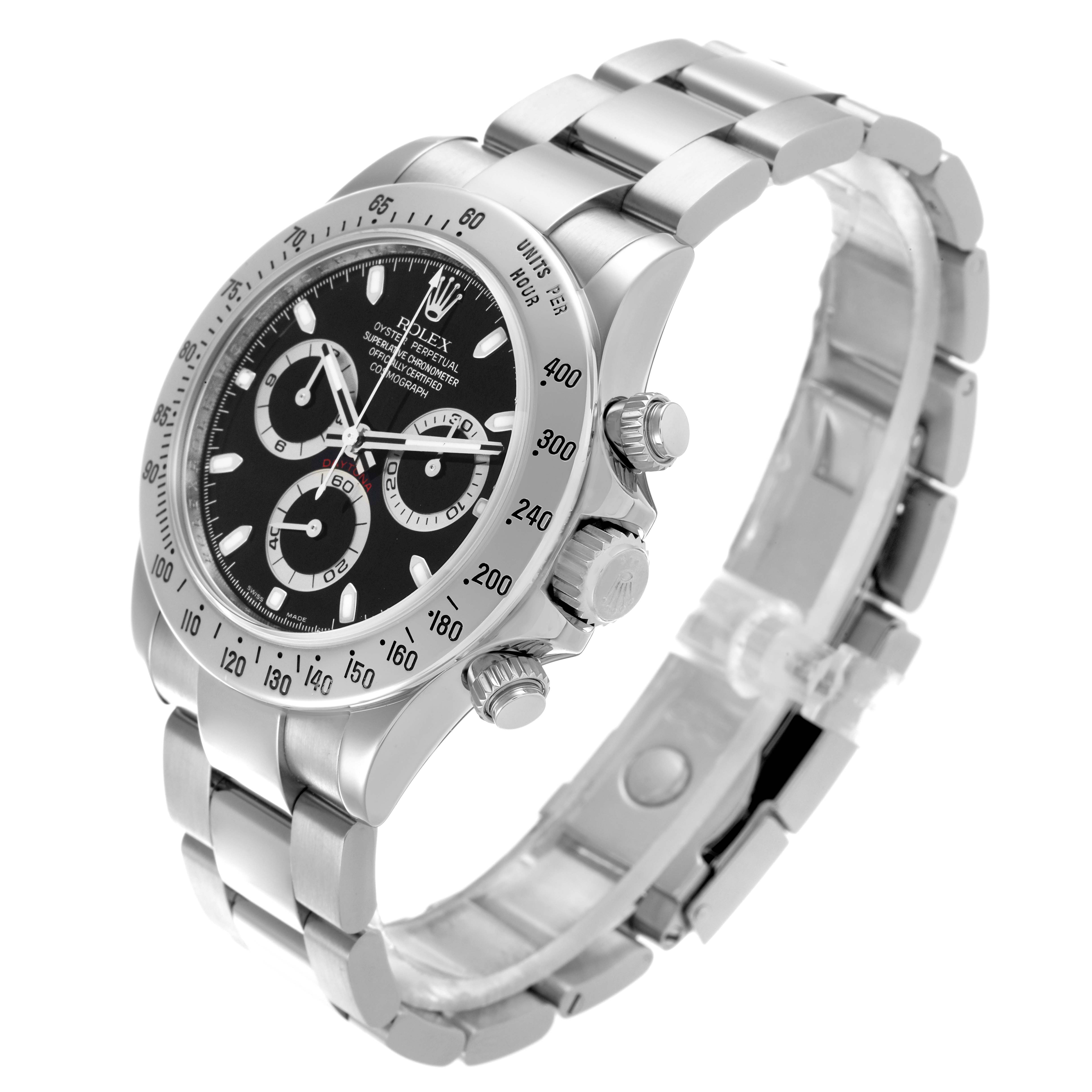 The image shows a Rolex Daytona 116520 Men
s Stainless Steel Black Dial 116520 Men
s Stainless Steel Black Dial watch at a three-quarter angle, highlighting the face, bezel, side buttons, and bracelet.