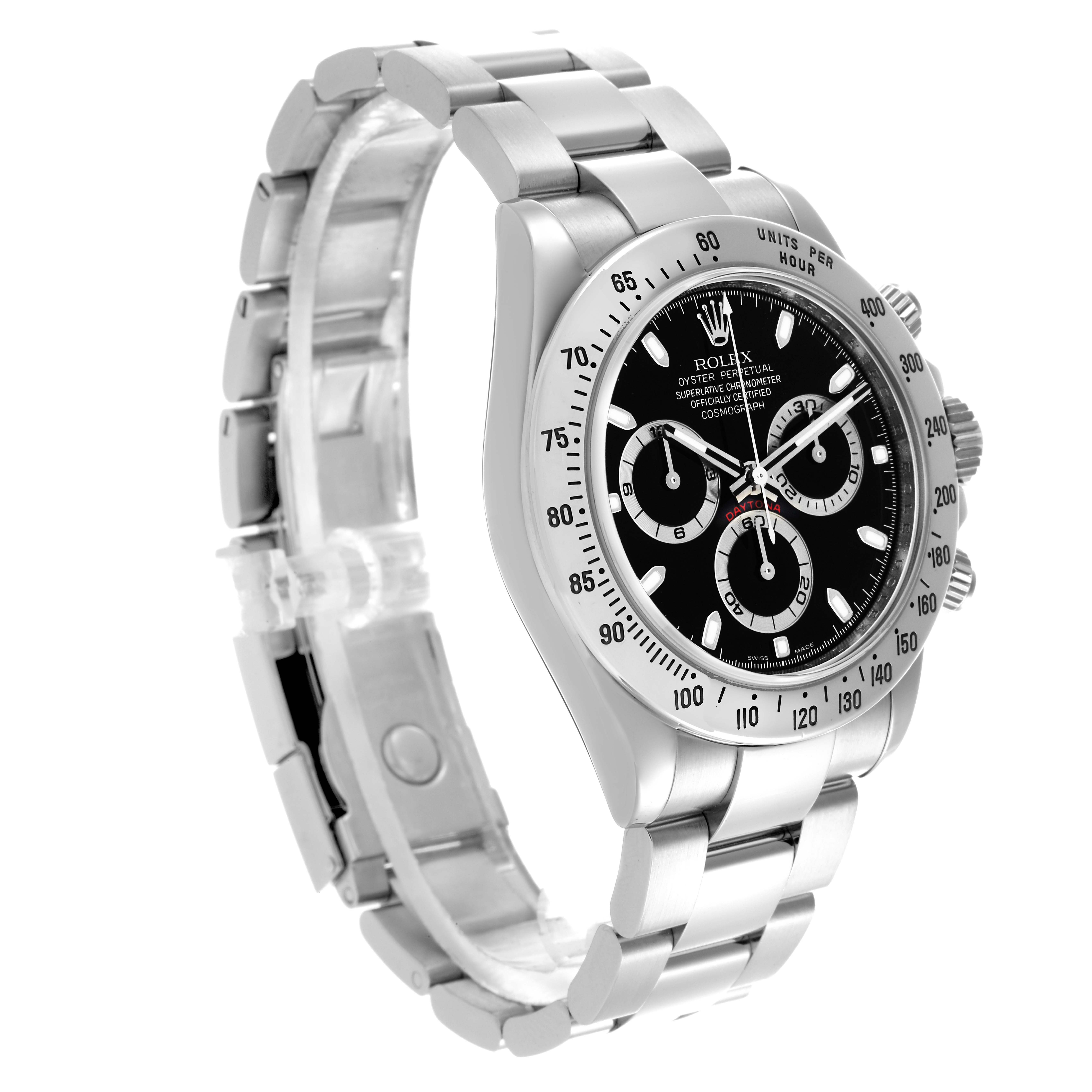 The Rolex Daytona 116520 Men
s Stainless Steel Black Dial 116520 Men
s Stainless Steel Black Dial watch is shown from a front-side angle, highlighting the dial, bezel, and bracelet.