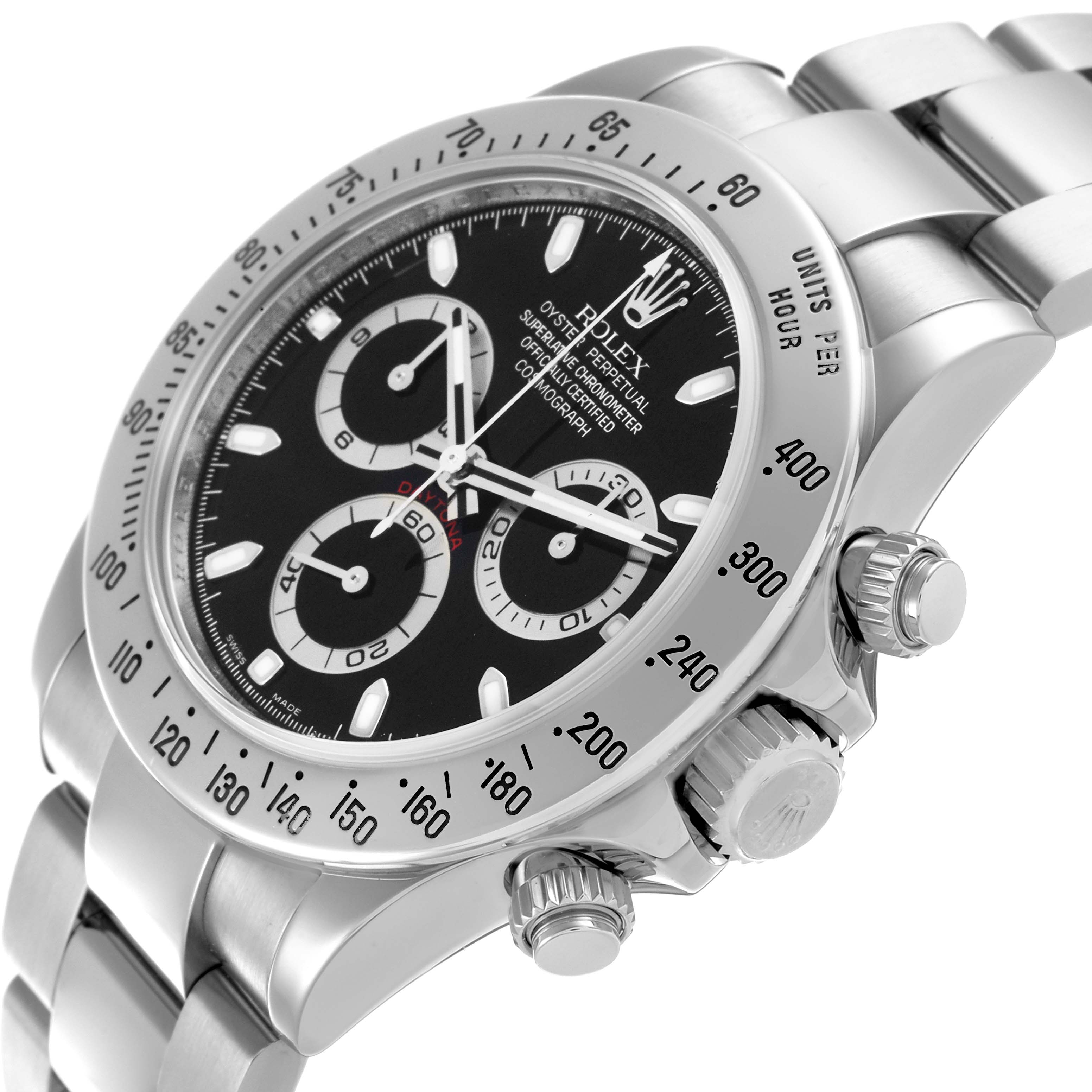 The Rolex Daytona 116520 Men
s Stainless Steel Black Dial 116520 Men
s Stainless Steel Black Dial watch is shown at an angled close-up, highlighting the dial, bezel, pushers, and part of the bracelet.