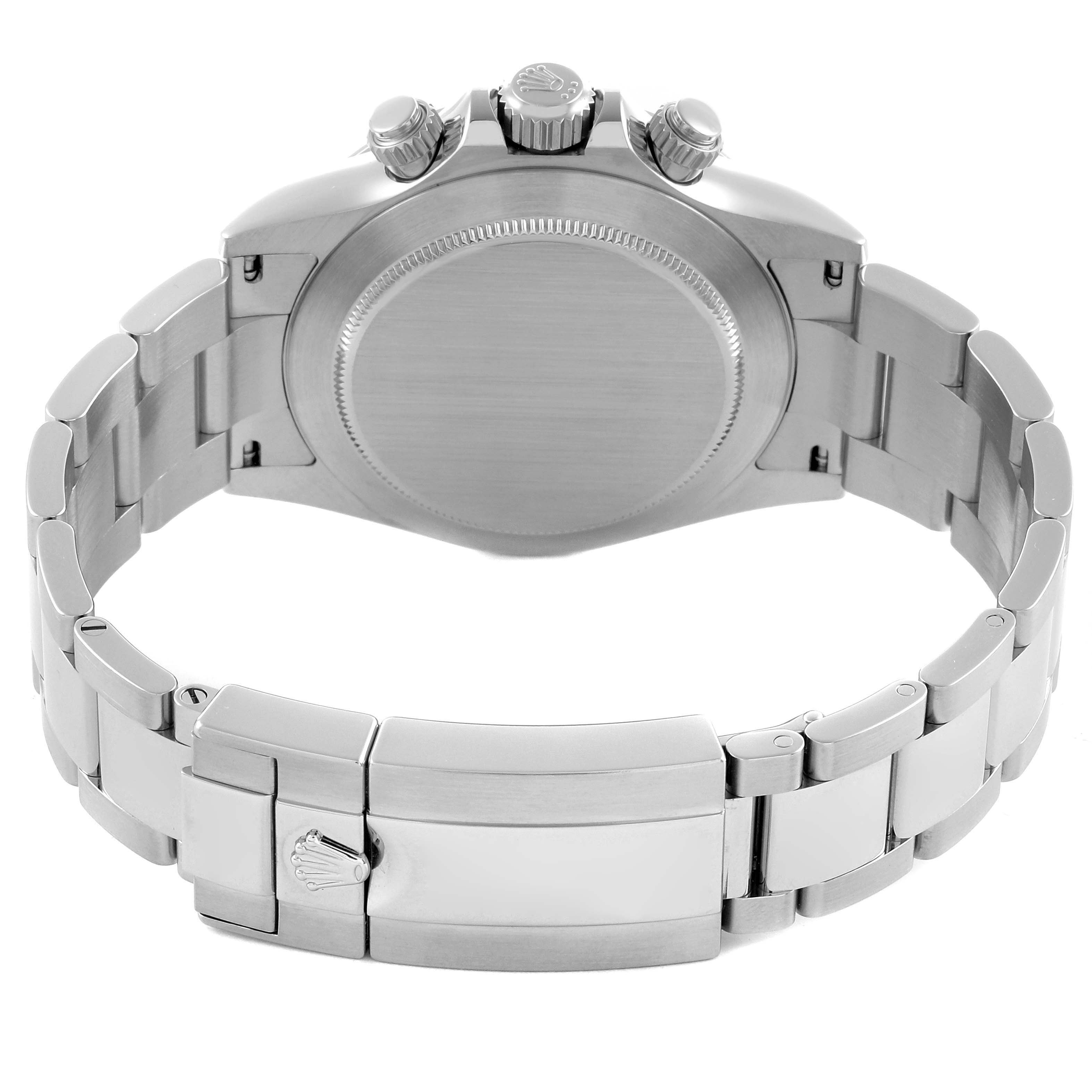 The Rolex Daytona 116520 Men's Stainless Steel White Dial 116520 Men's Stainless Steel White Dial watch is shown from the back, highlighting the caseback, bracelet, and clasp.
