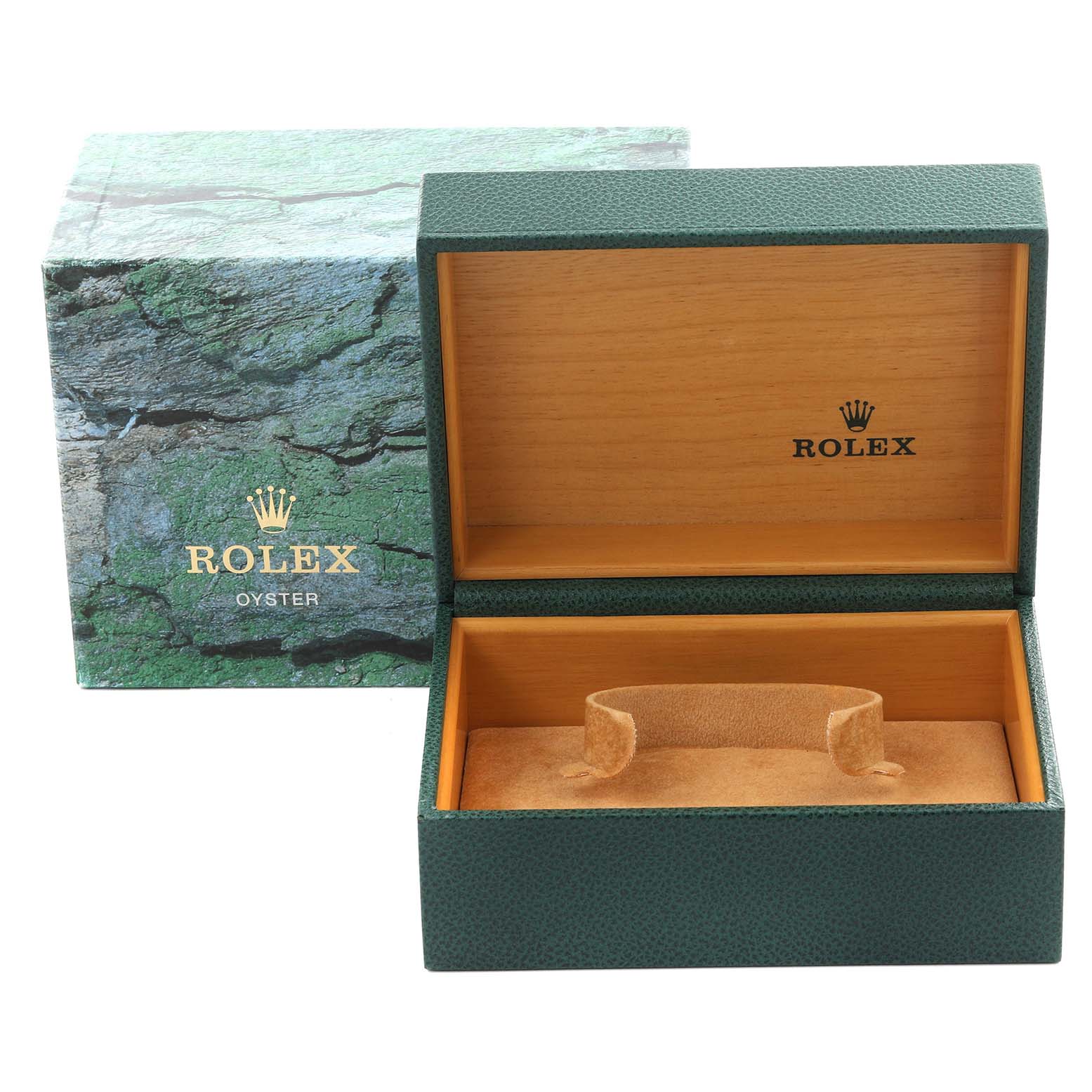 The image shows a green Rolex Daytona 116520 Men's Stainless Steel White Dial 116520 Men's Stainless Steel White Dial watch box and outer packaging from a front angle.