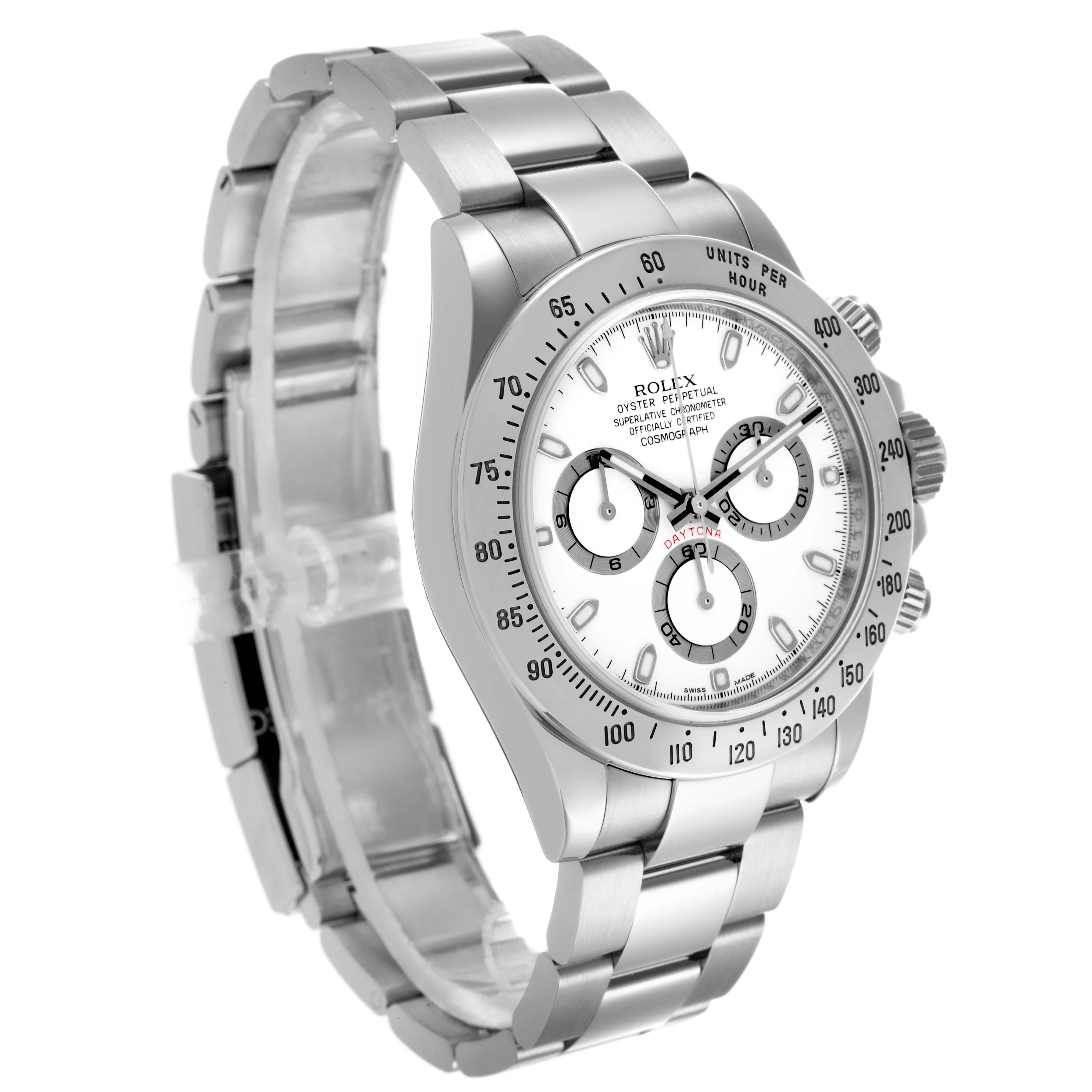 The Rolex Daytona 116520 Men's Stainless Steel White Dial 116520 Men's Stainless Steel White Dial watch is shown at a three-quarter angle, highlighting the face, bezel, and stainless steel bracelet.