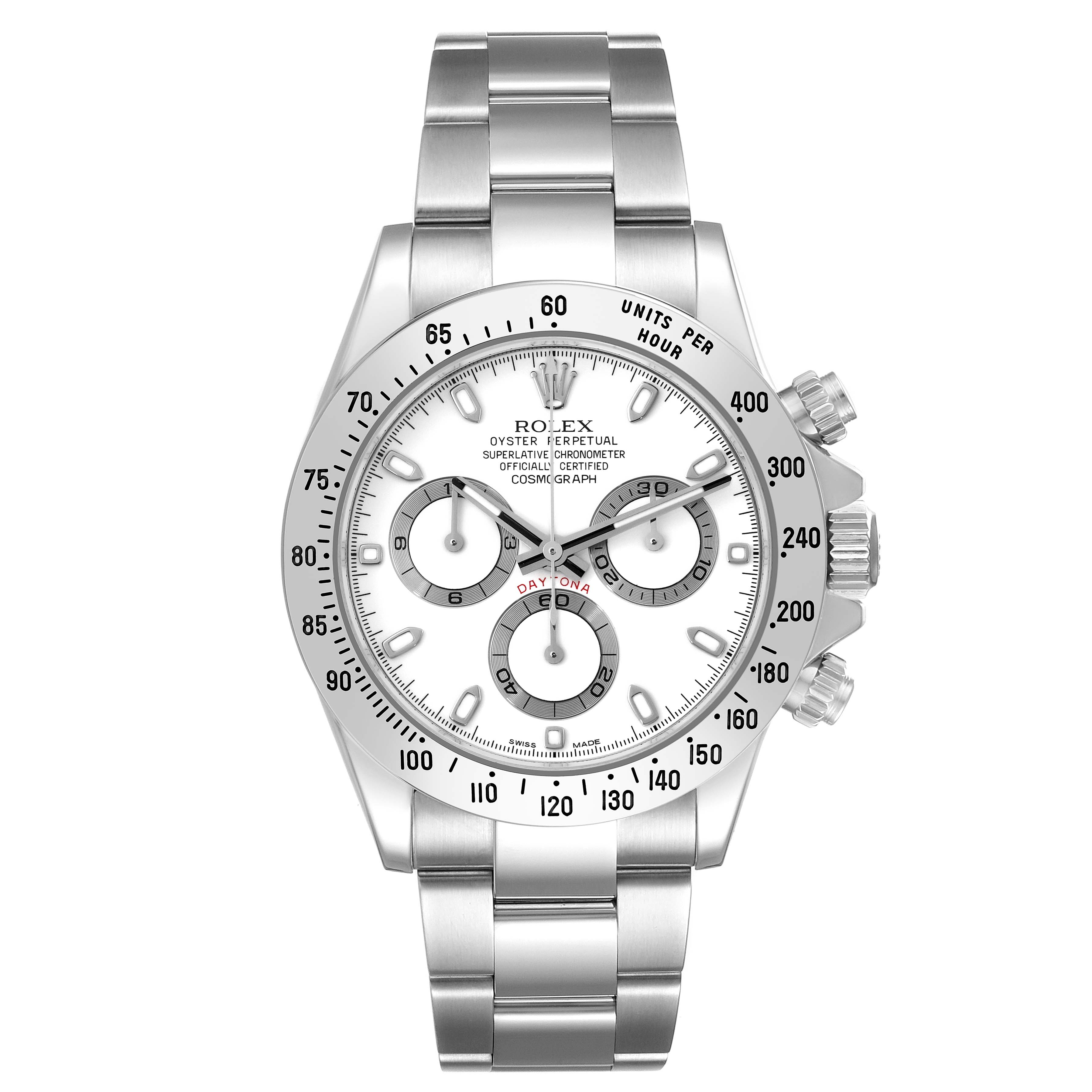 The Rolex Daytona 116520 Men's Stainless Steel White Dial 116520 Men's Stainless Steel White Dial model is shown from a front angle, highlighting the face, bezel, pushers, and bracelet.