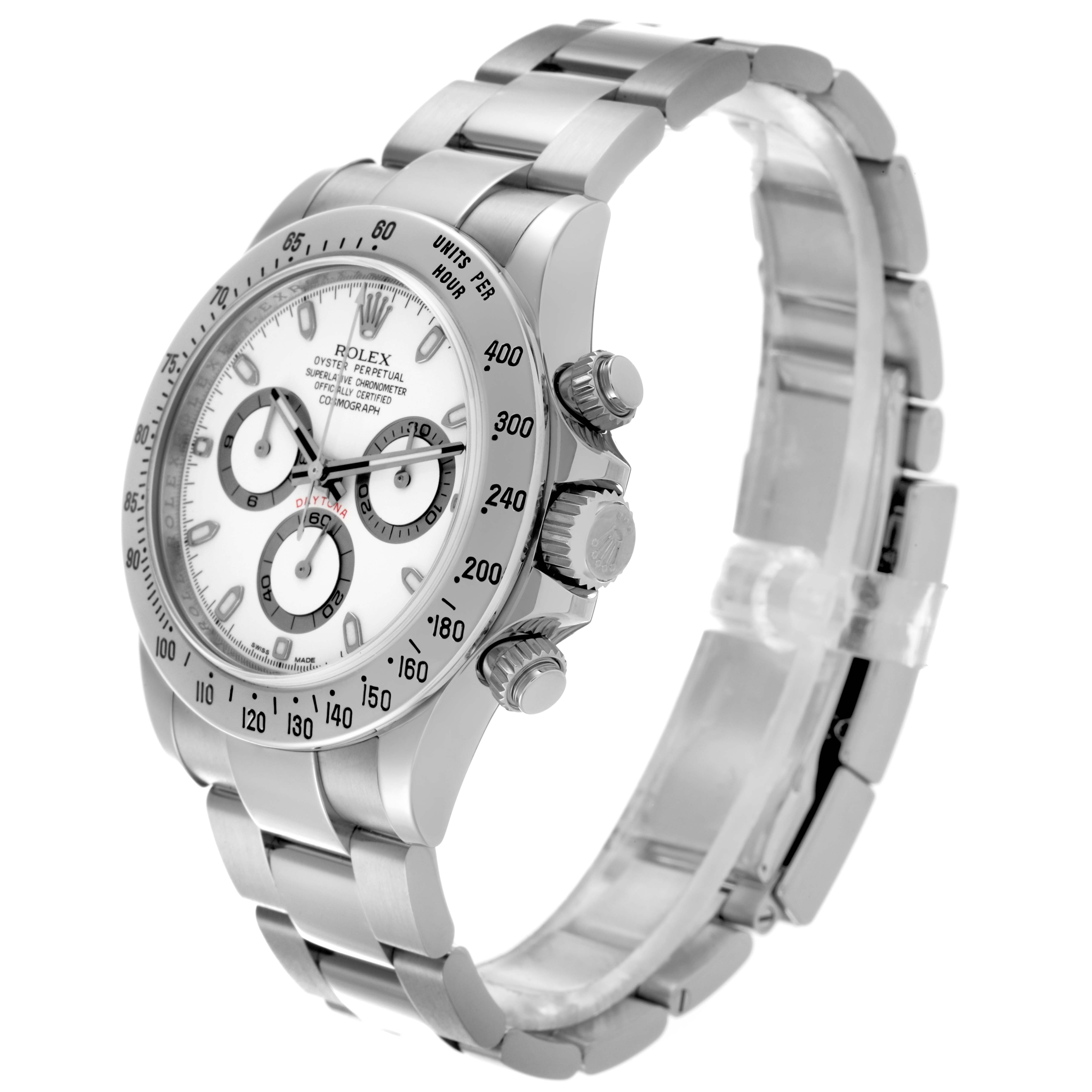 The Rolex Daytona 116520 Men's Stainless Steel White Dial 116520 Men's Stainless Steel White Dial watch is shown at a three-quarter angle, displaying the face, bezel, pushers, and part of the bracelet.