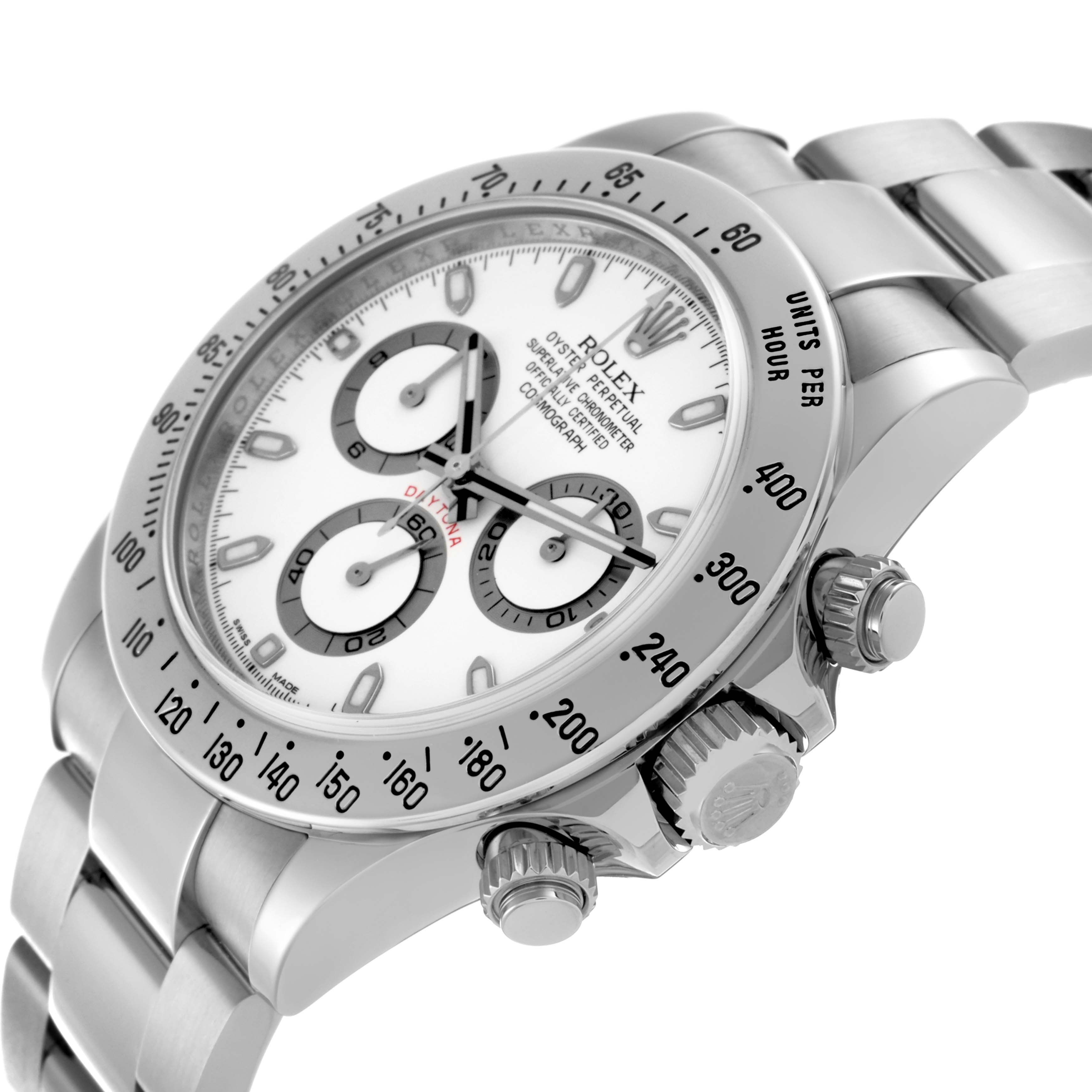 The Rolex Daytona 116520 Men's Stainless Steel White Dial 116520 Men's Stainless Steel White Dial watch is shown at a three-quarter angle displaying the face, crown, pushers, and bracelet.