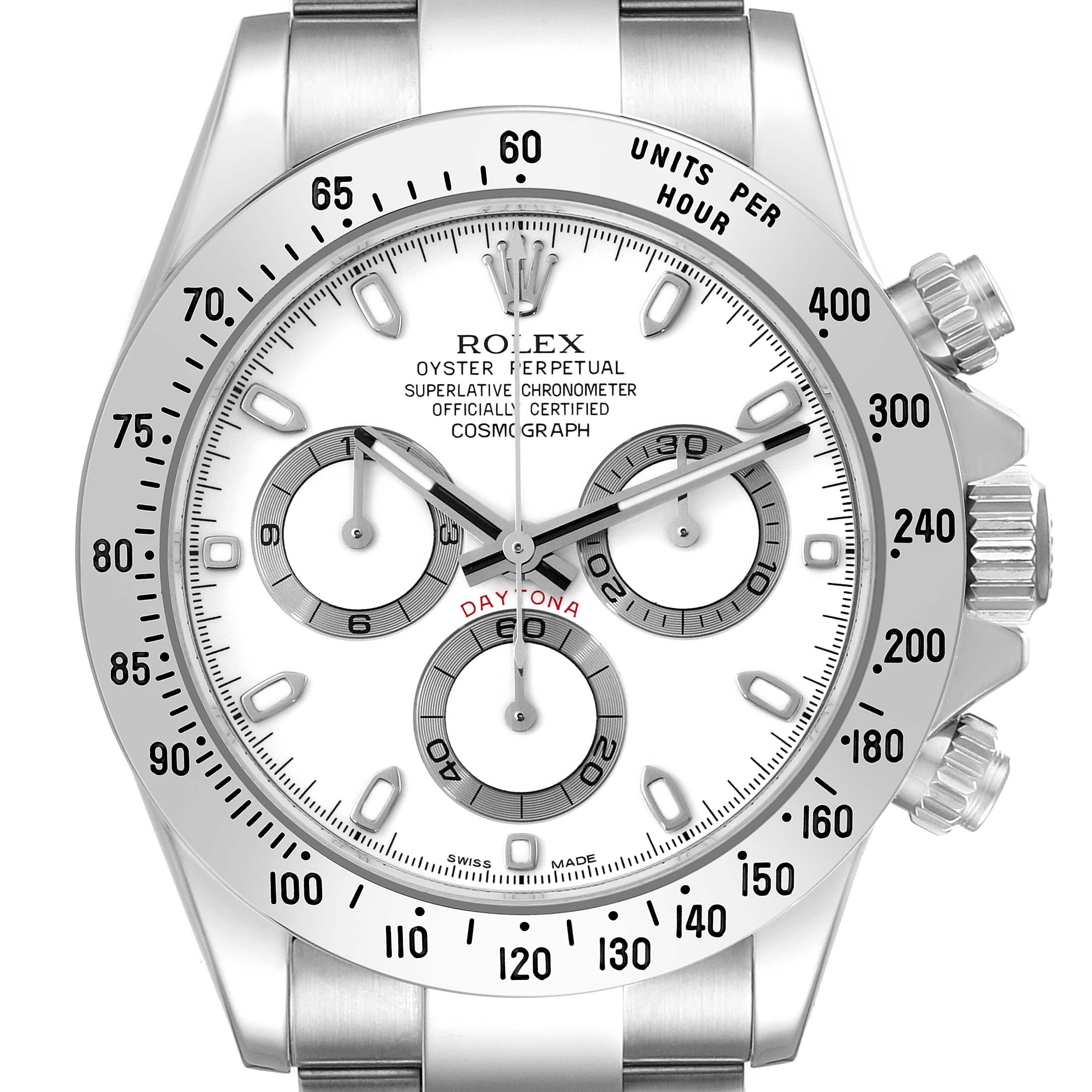 The Rolex Daytona 116520 Men's Stainless Steel White Dial 116520 Men's Stainless Steel White Dial is shown from a front angle, displaying the dial, bezel, and part of the bracelet.