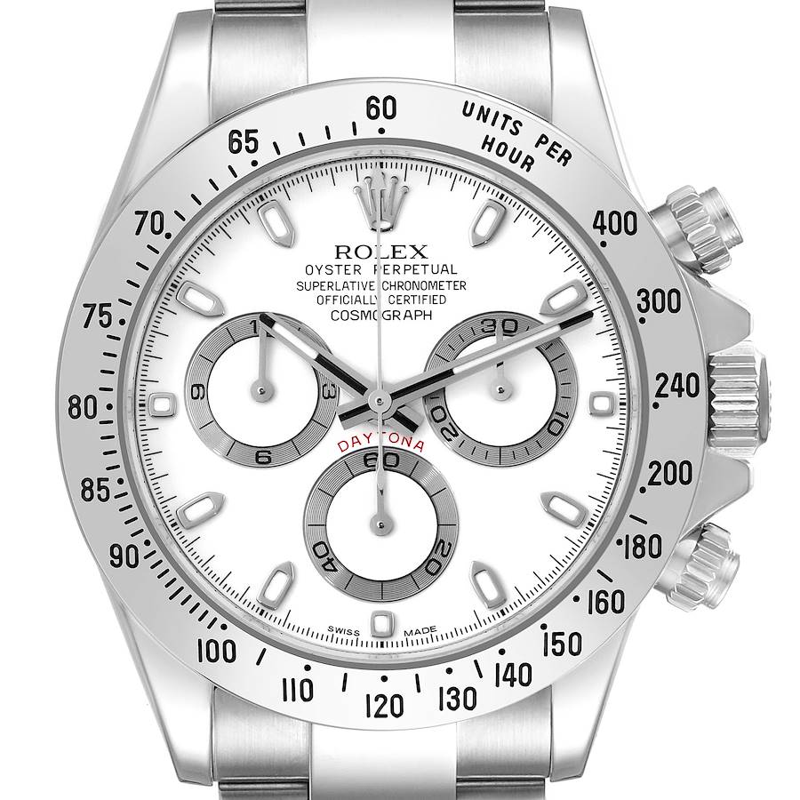 The Rolex Daytona is shown from a front angle, displaying the dial, bezel, and part of the bracelet.