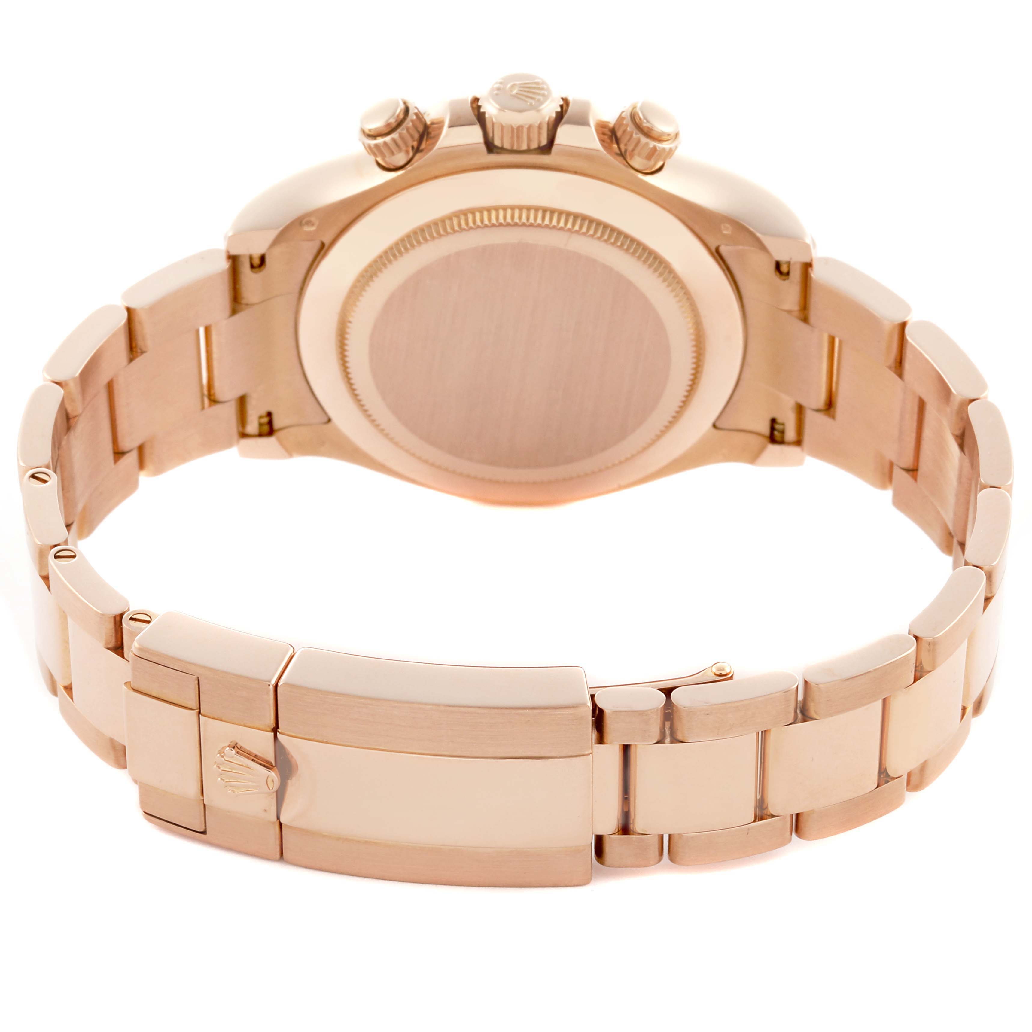 The image shows the back case and bracelet of a Rolex Daytona 116505 Men
s Rose Gold Black Dial 116505 Men
s Rose Gold Black Dial watch, viewed from the rear.