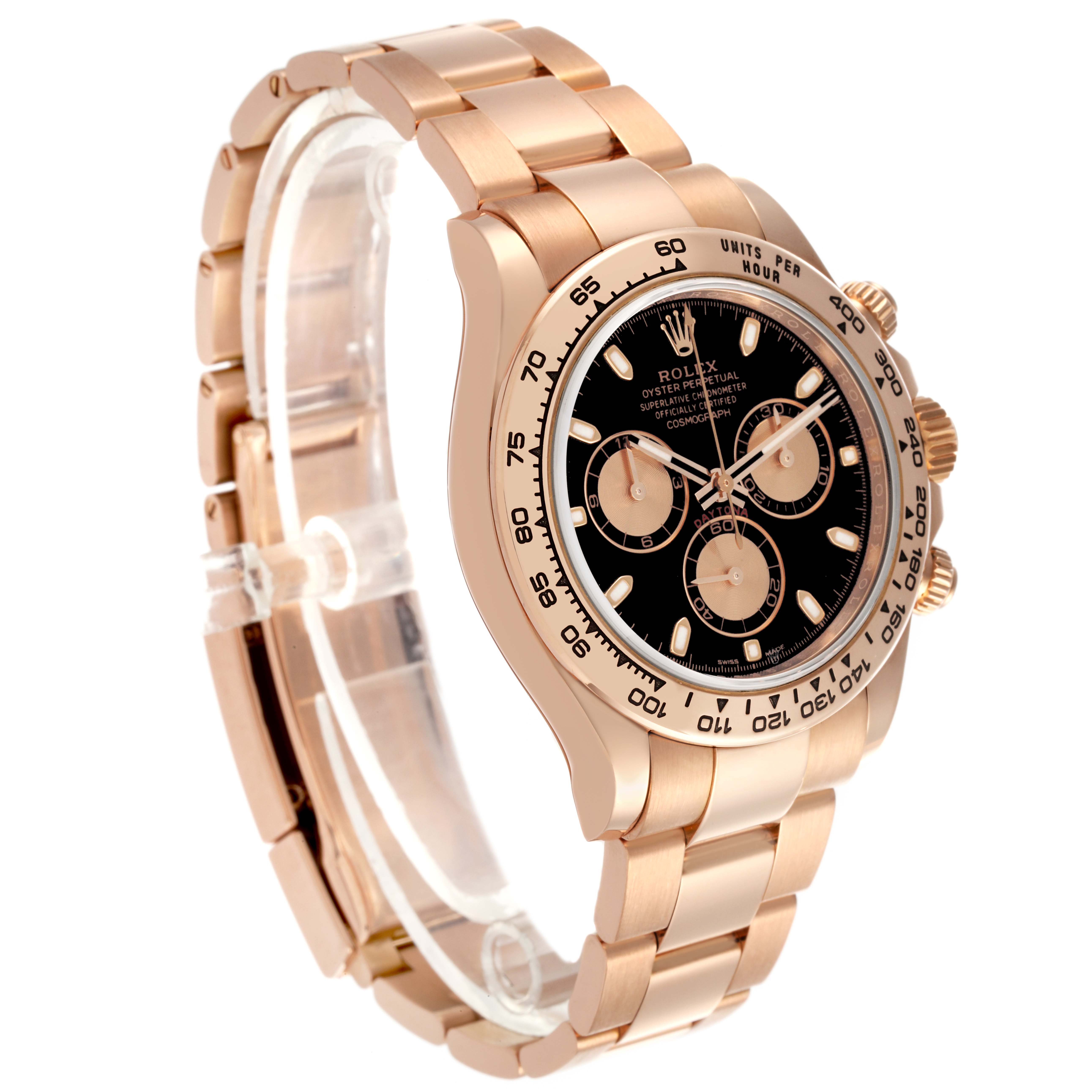 The Rolex Daytona 116505 Men
s Rose Gold Black Dial 116505 Men
s Rose Gold Black Dial watch is shown at a three-quarter angle, highlighting the face, case, and bracelet.
