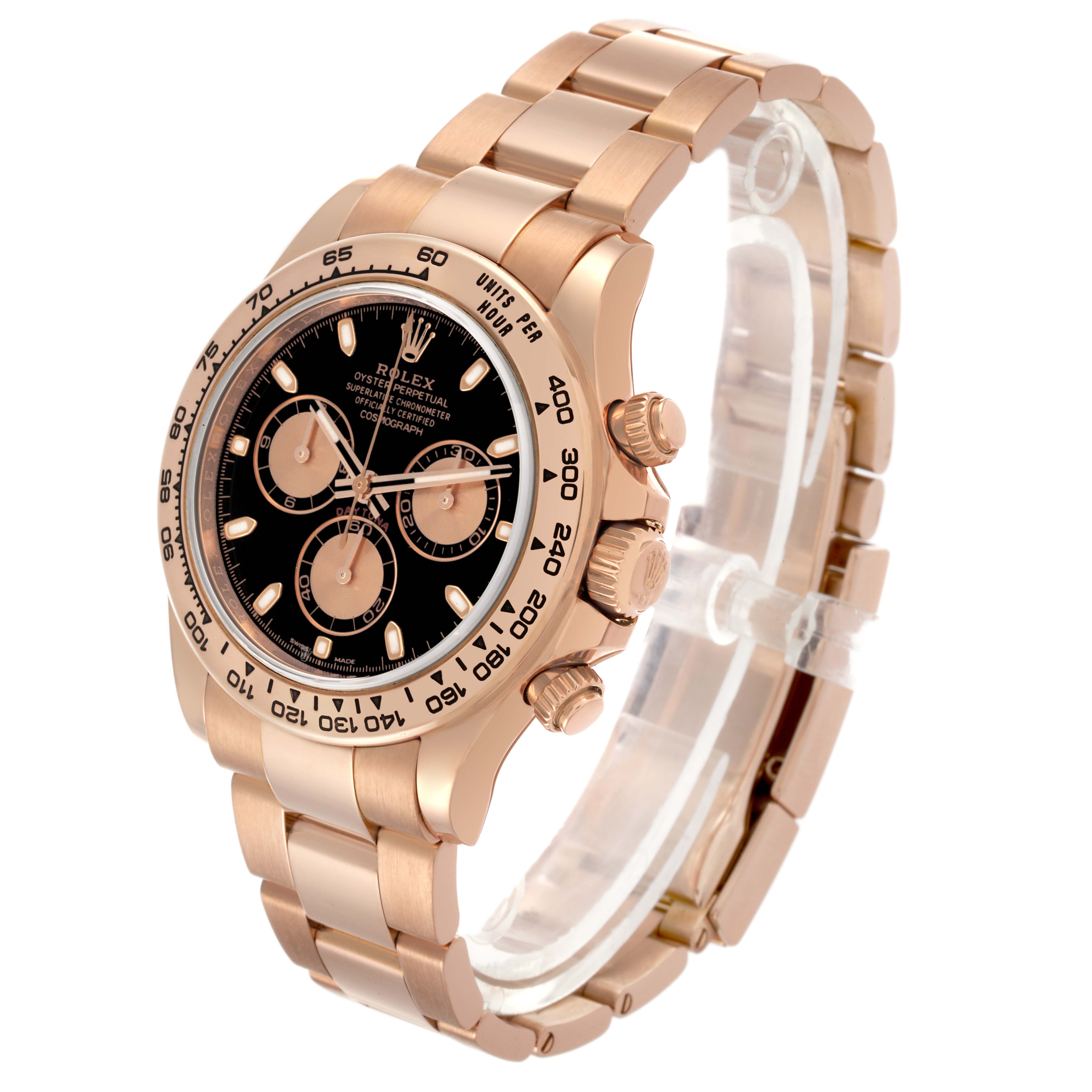 The image shows a Rolex Daytona 116505 Men
s Rose Gold Black Dial 116505 Men
s Rose Gold Black Dial watch at a slight side angle, highlighting the dial, bezel, crown, and bracelet.