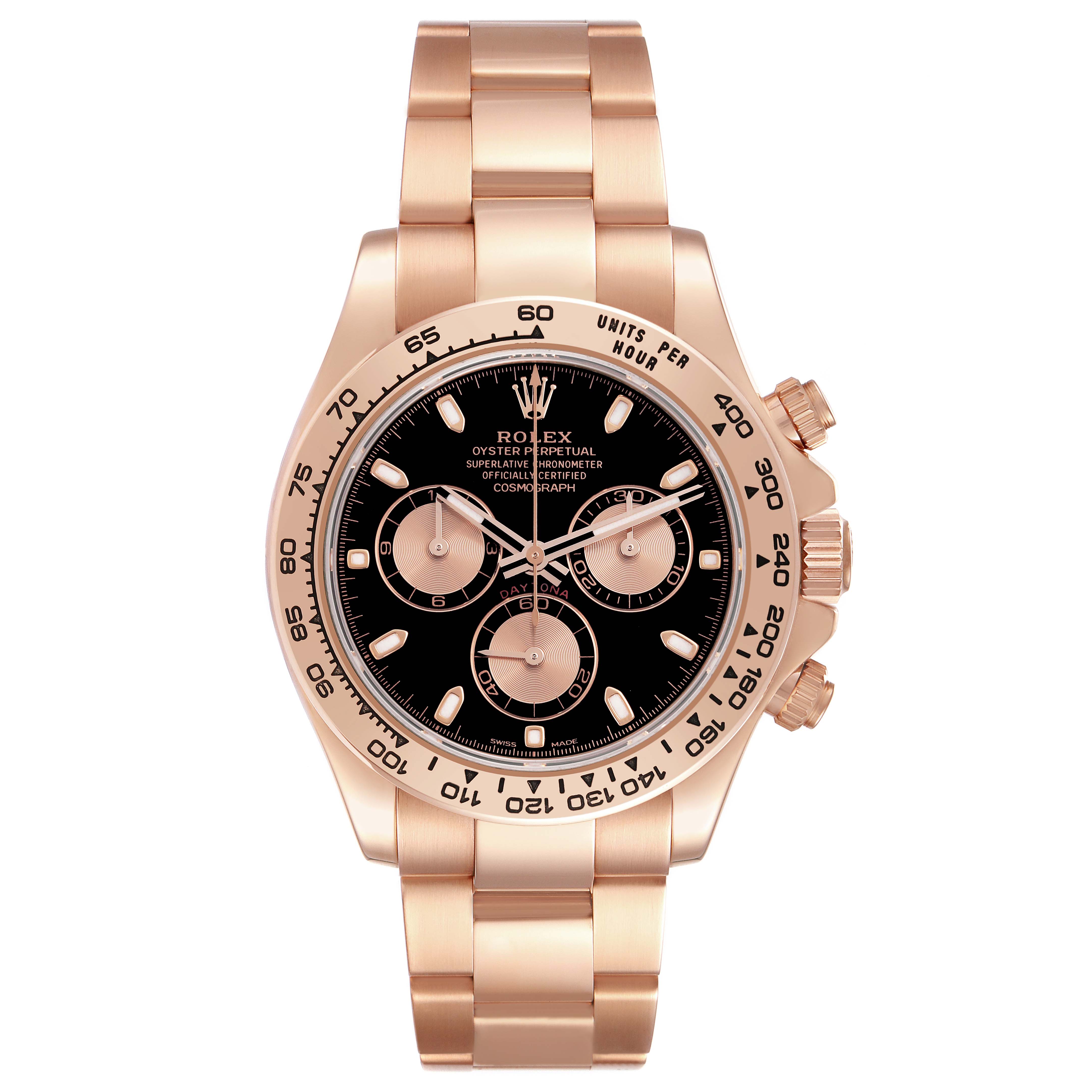 The Rolex Daytona 116505 Men
s Rose Gold Black Dial 116505 Men
s Rose Gold Black Dial watch is shown from the front, displaying the face, bezel, and full bracelet.