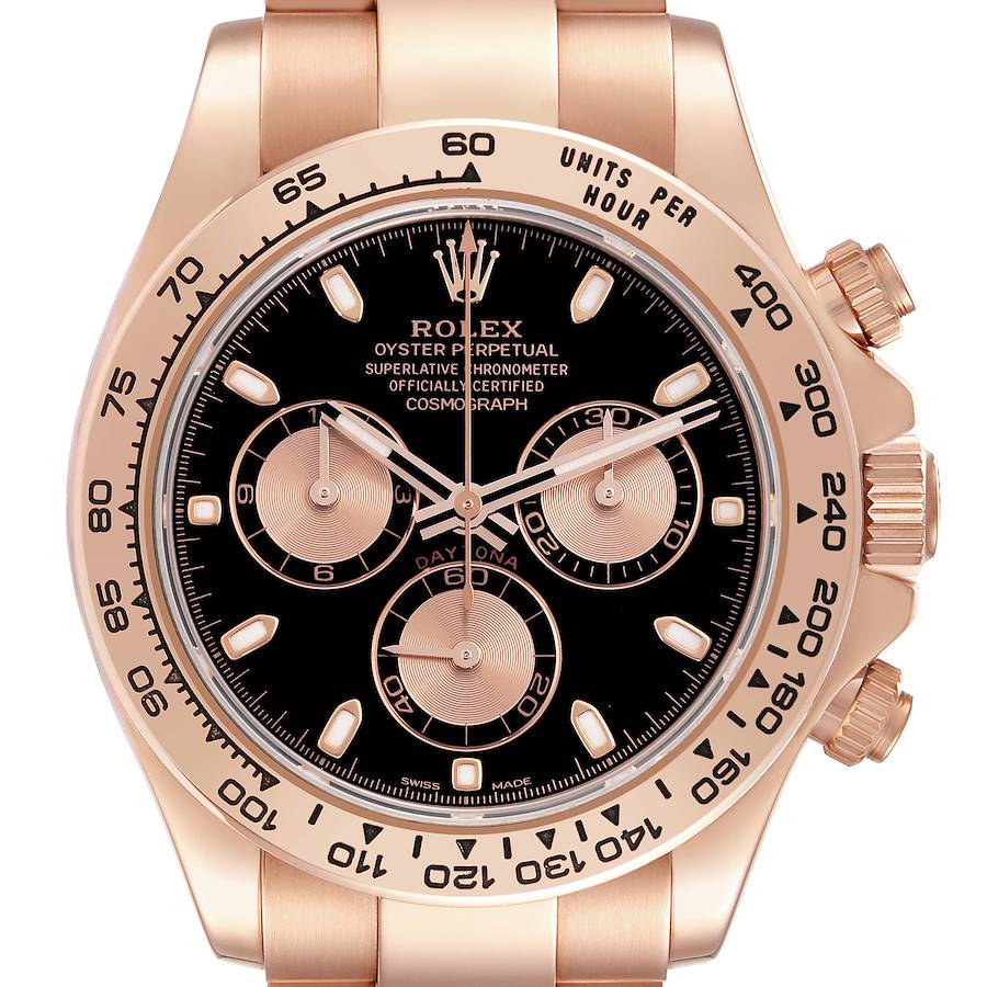 The image shows a front, zoomed-in view of the Rolex Daytona, highlighting the dial, bezel, and subdials.