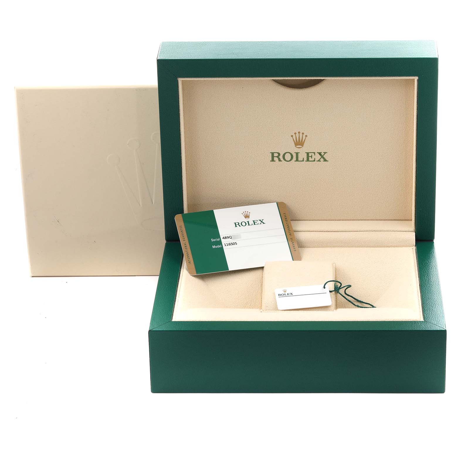 The image shows an open green Rolex Daytona 116505 Men
s Rose Gold Black Dial 116505 Men
s Rose Gold Black Dial box, warranty card, tag, and packaging.