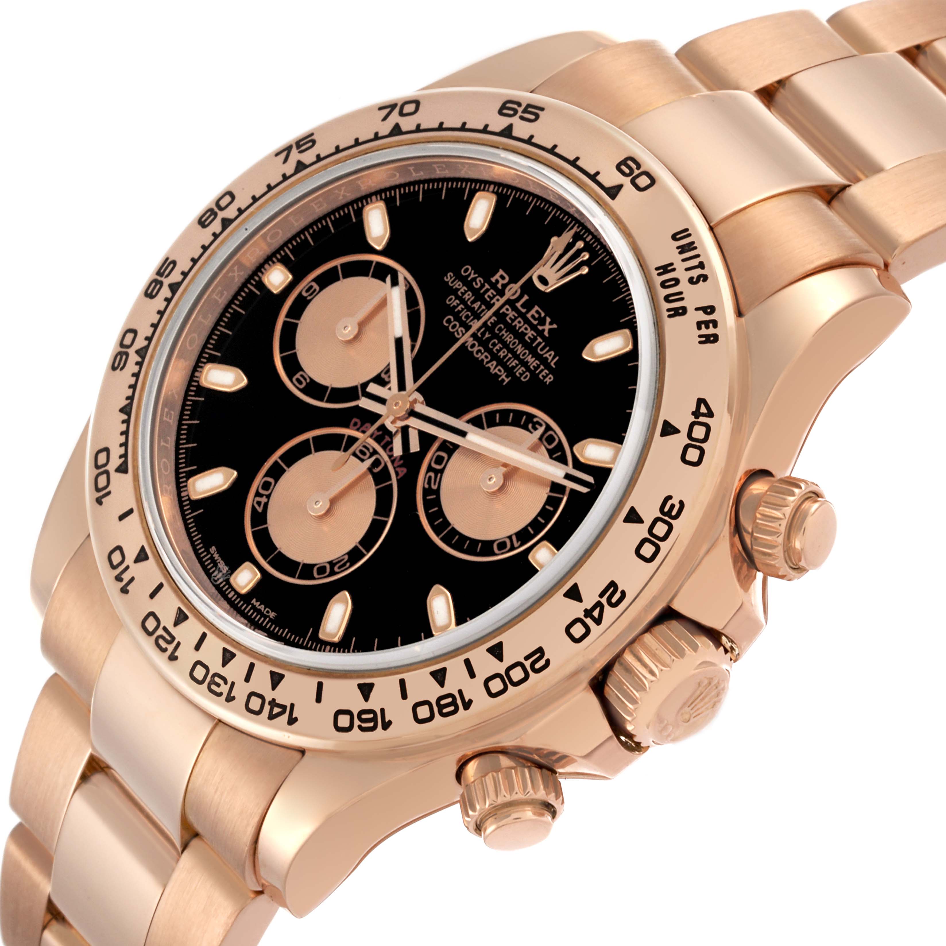 The Rolex Daytona 116505 Men
s Rose Gold Black Dial 116505 Men
s Rose Gold Black Dial watch is shown at an angle highlighting the bezel, dial, and side crown.