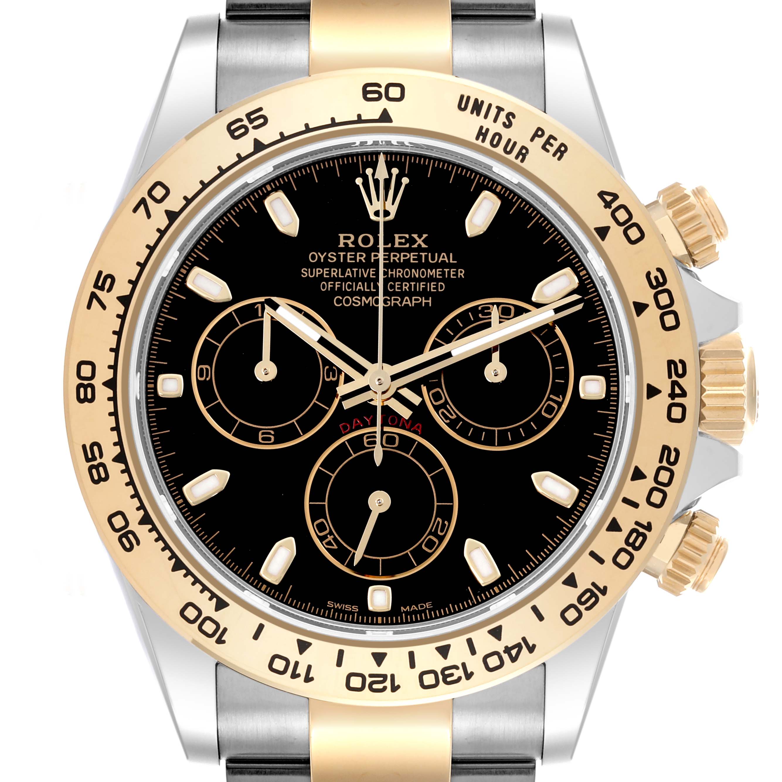 This Rolex Daytona 116503-0004 Men's Steel and Gold (two tone) Black Dial 116503-0004 Men's Steel and Gold (two tone) Black Dial watch is shown from the front, highlighting the black dial, gold bezel, and chronograph subdials.