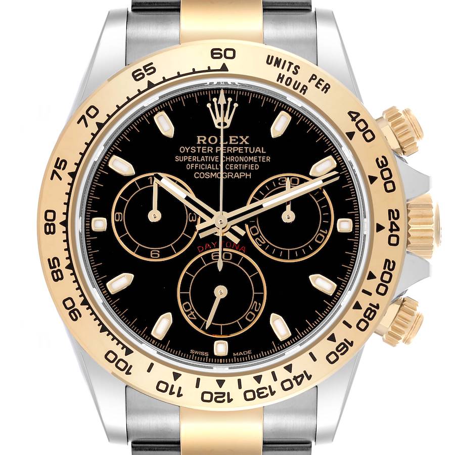 This Rolex Daytona watch is shown from the front, highlighting the black dial, gold bezel, and chronograph subdials.